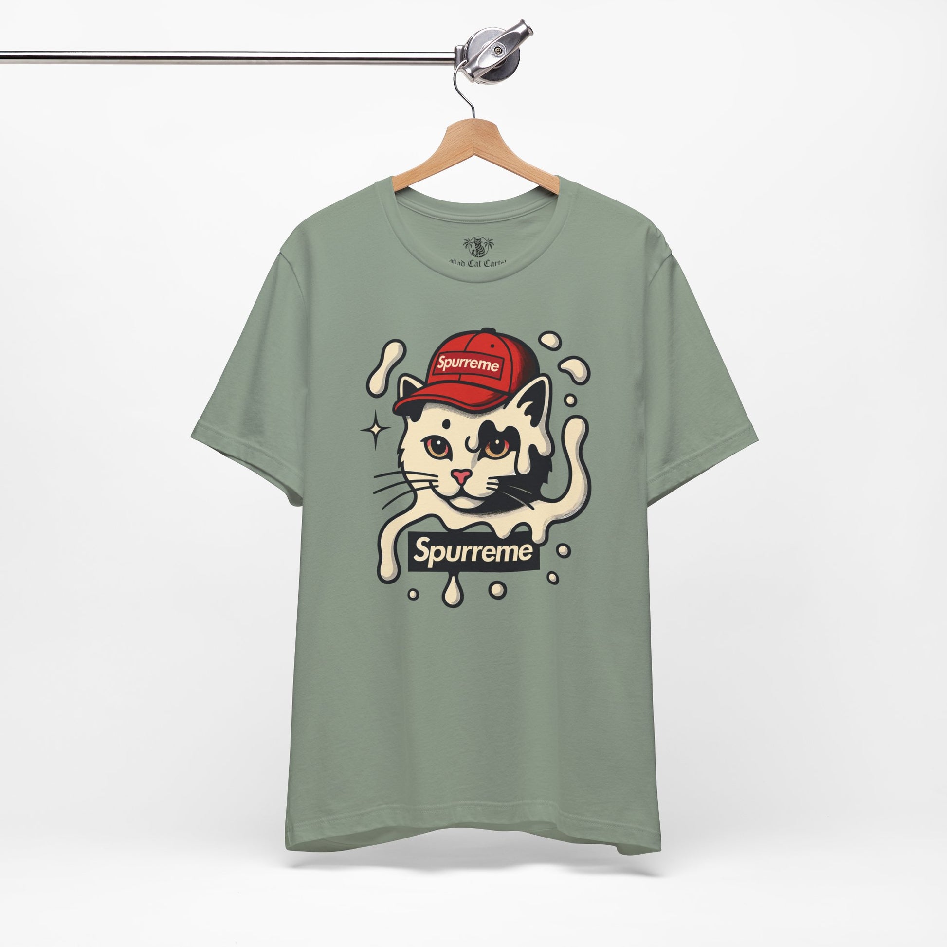 Sage cat themed shirt on hanger – cat print tee shirts