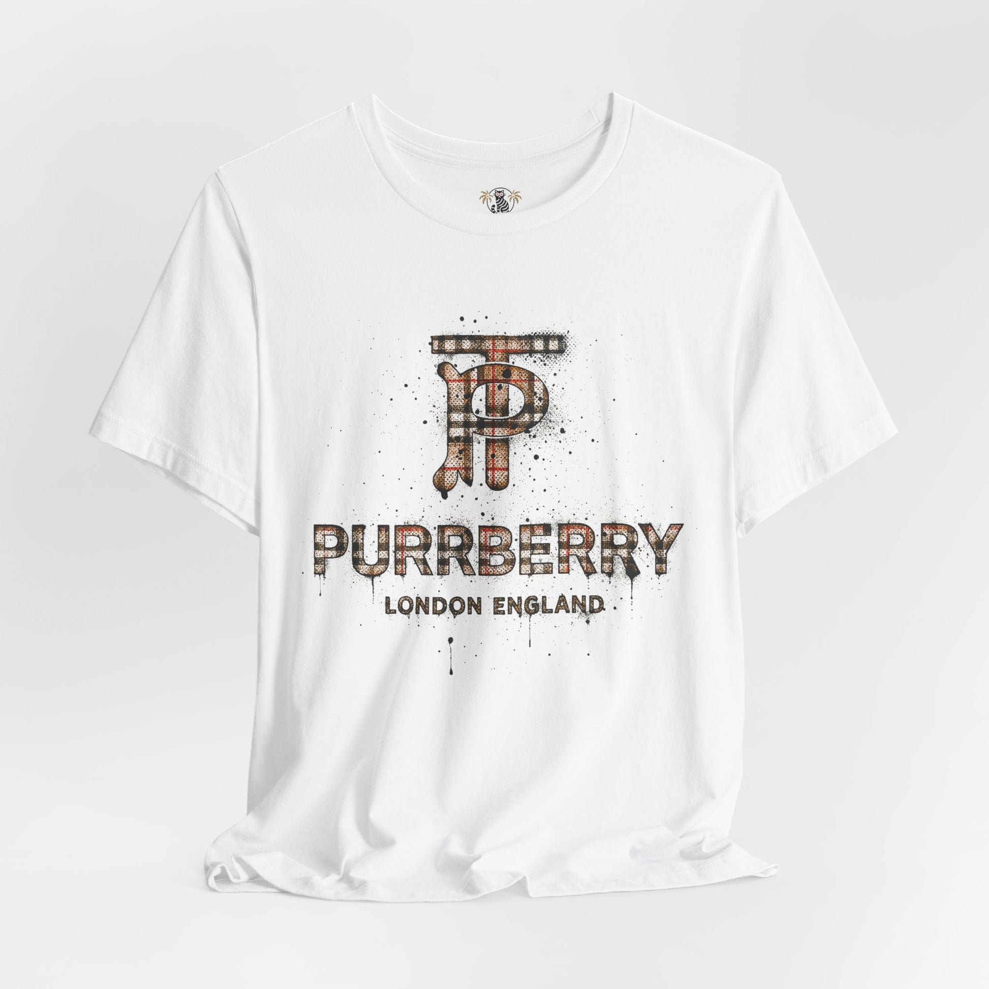 purrberry london heritage spray cat graphic tee white front view cat shirt for women