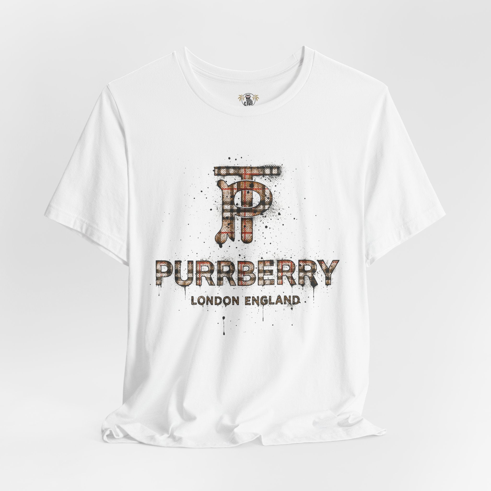 purrberry london heritage spray cat graphic tee white front view cat shirt for women