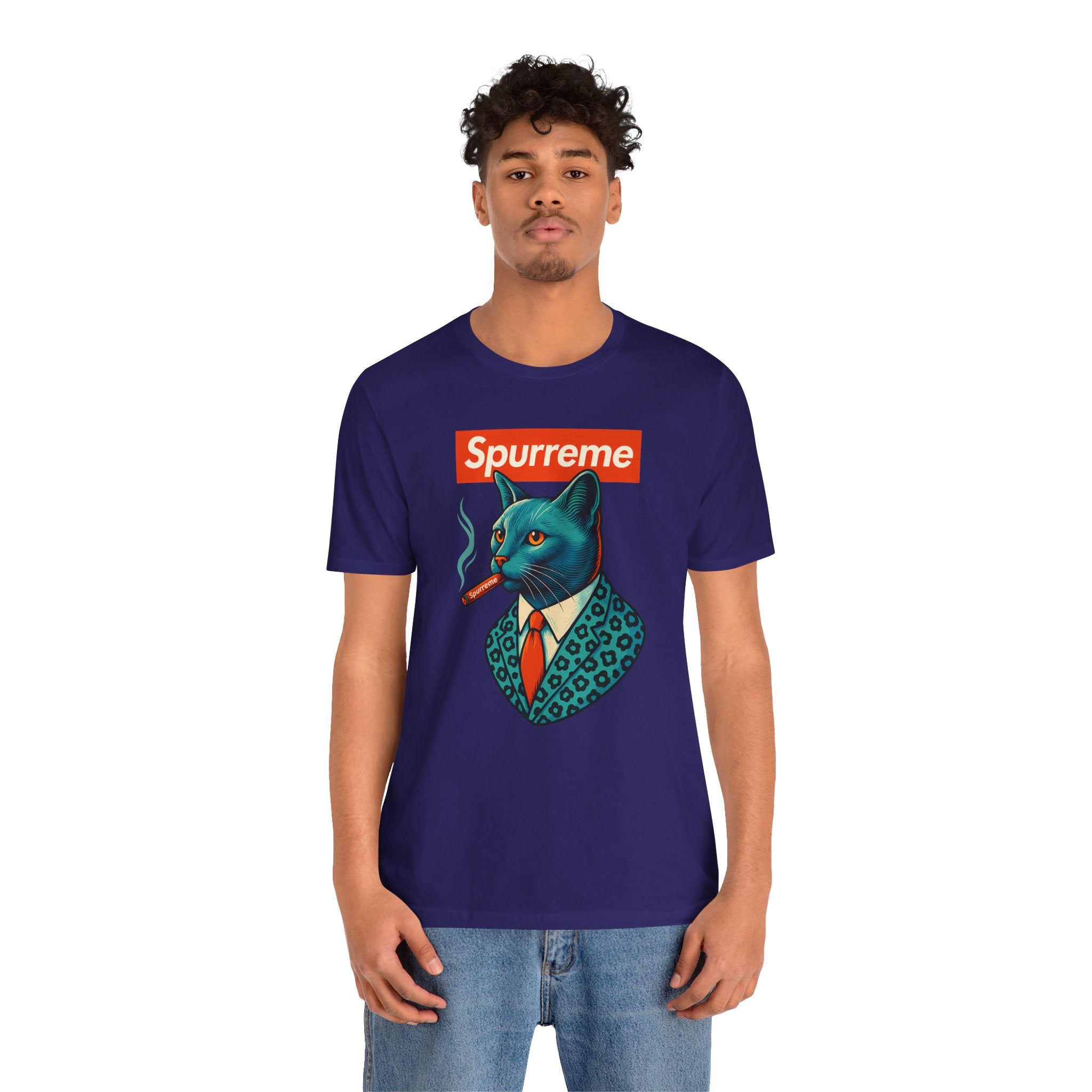 Man wearing Purple Spurreme Ambassador Cat Graphic t shirt