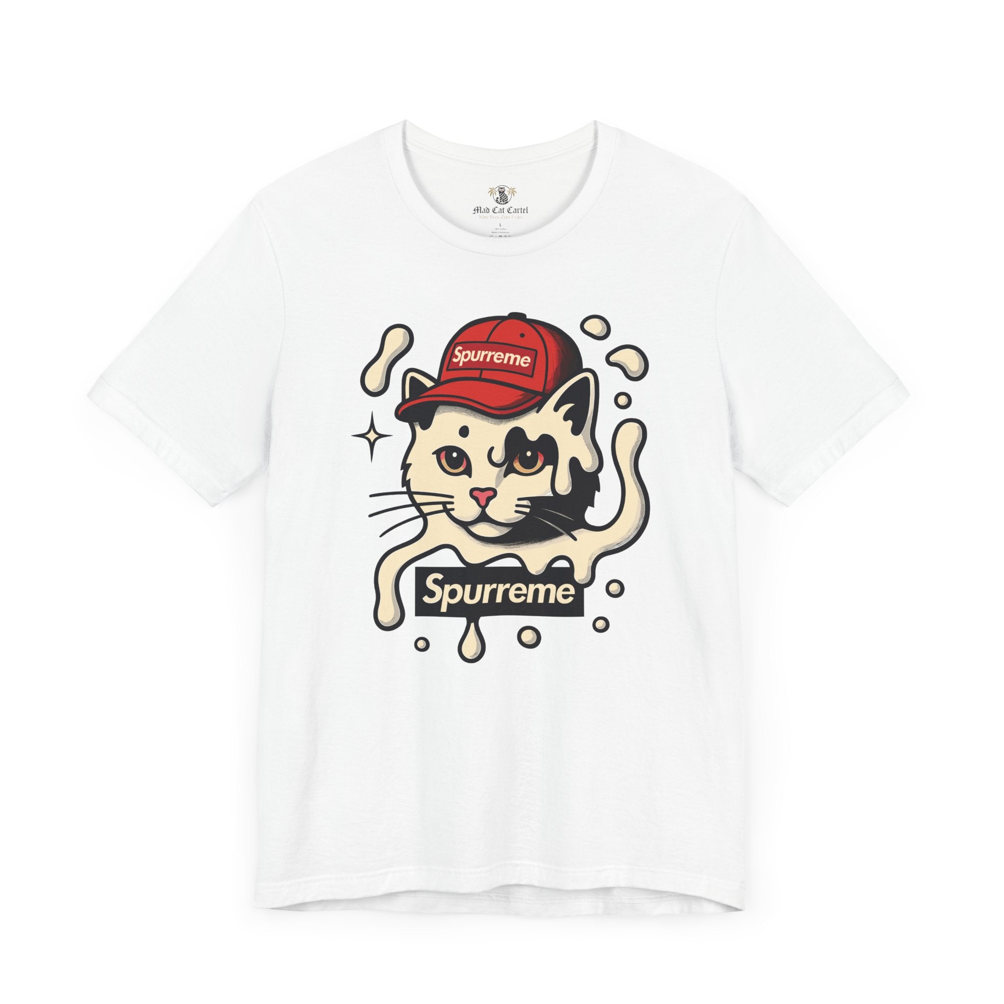 White Spurreme Cream Cap Cat Graphic T Shirt flat front – cat shirts for men
