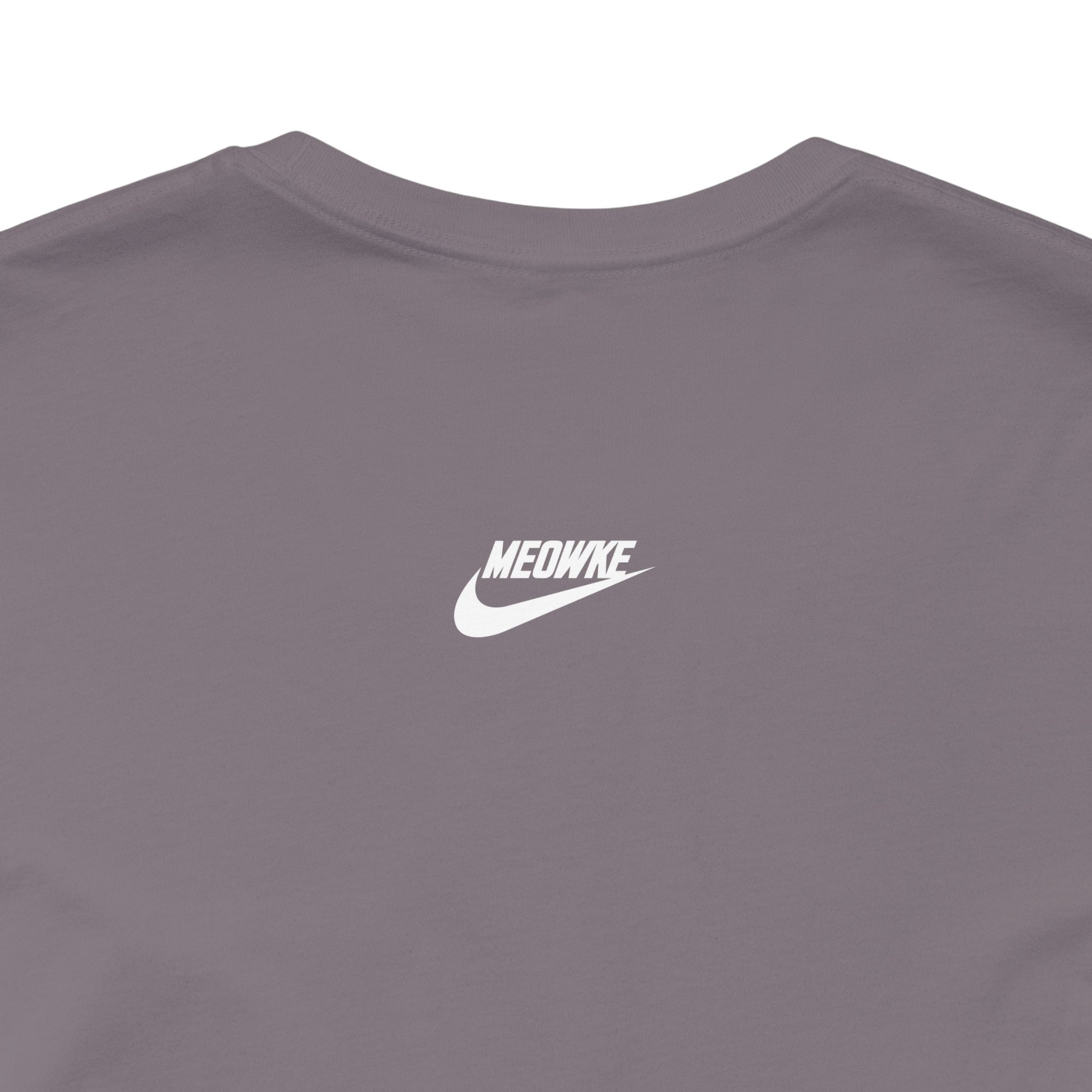 Funny cat shirt for men – storm grey unisex tee, back view detail, Meowke Swoosh bottle cat graphic