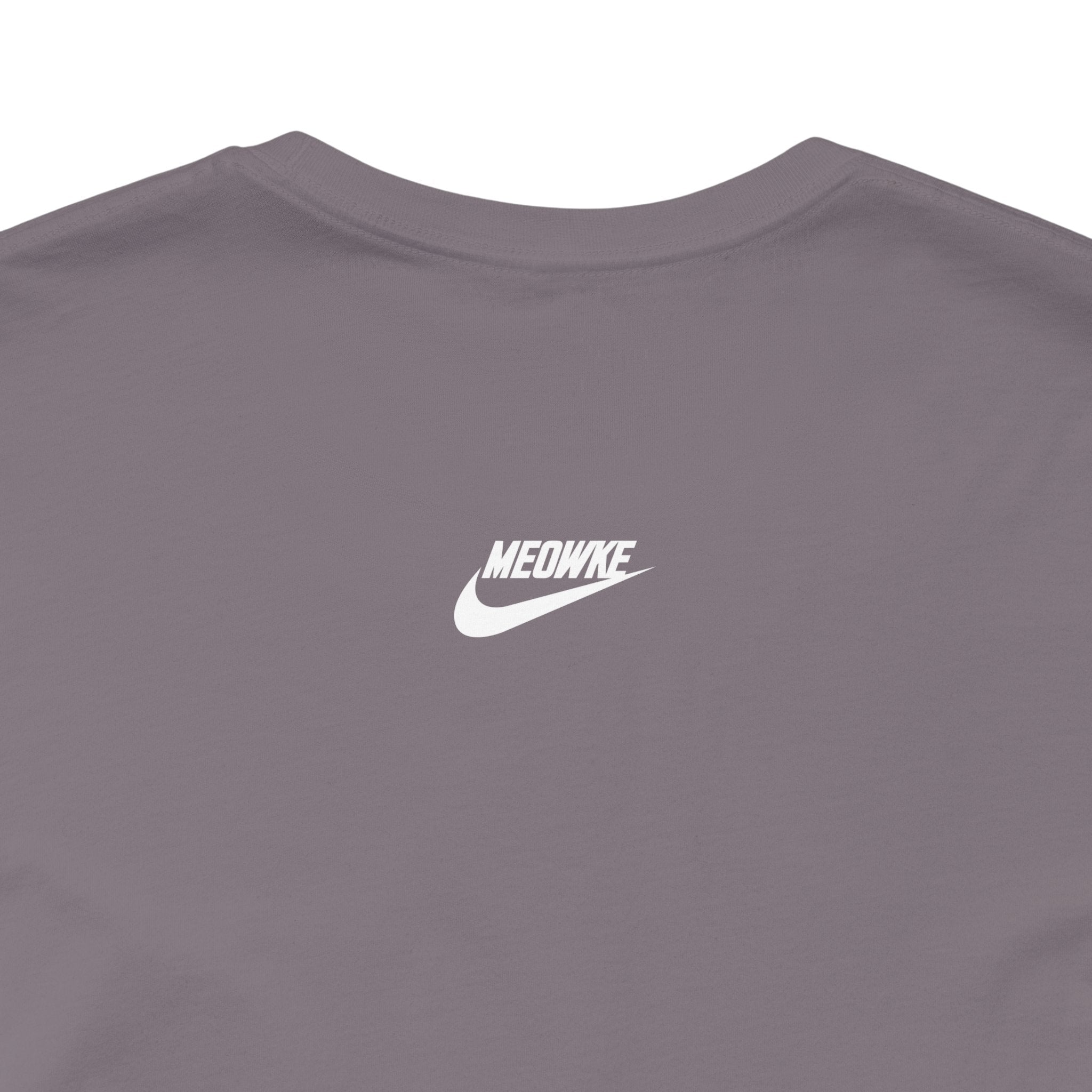 Funny cat shirt for men – storm grey unisex tee, back view detail, Meowke Swoosh bottle cat graphic