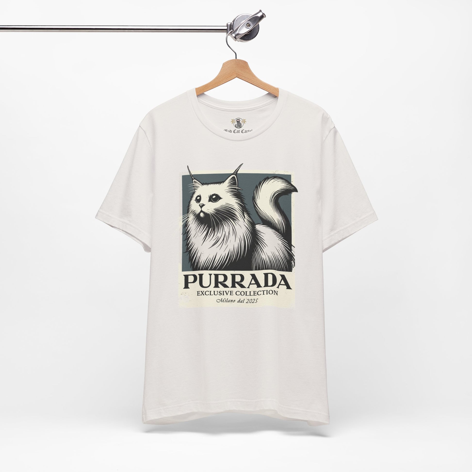 Vintage white Purrada Exclusive Milano Cat Graphic T Shirt on hanger, cat graphic tee