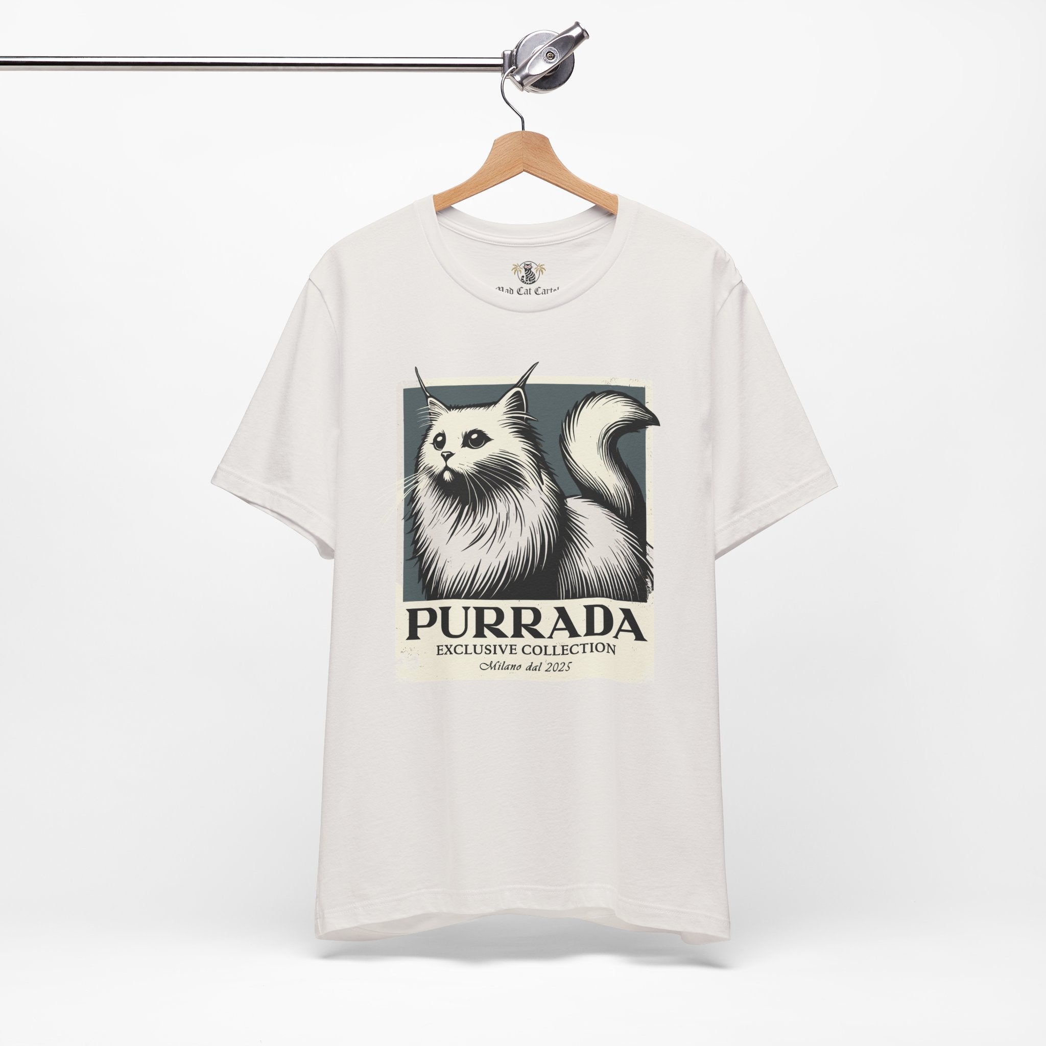 Vintage white Purrada Exclusive Milano Cat Graphic T Shirt on hanger, cat graphic tee