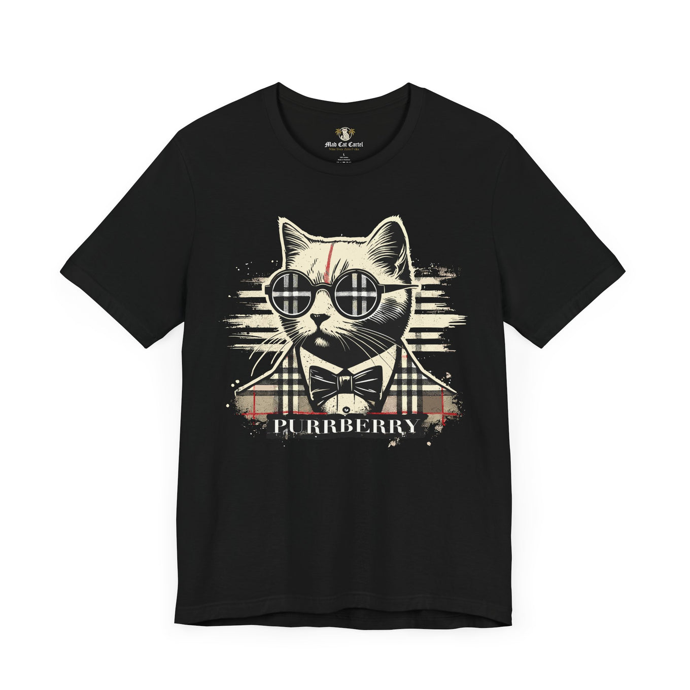 purrberry the plaid cat back logo black t shirt front view unisex cat print tee shirts