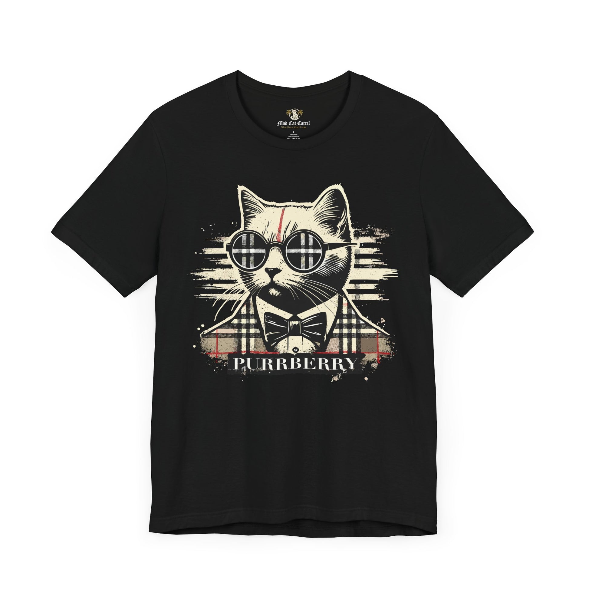 purrberry the plaid cat back logo black t shirt front view unisex cat print tee shirts