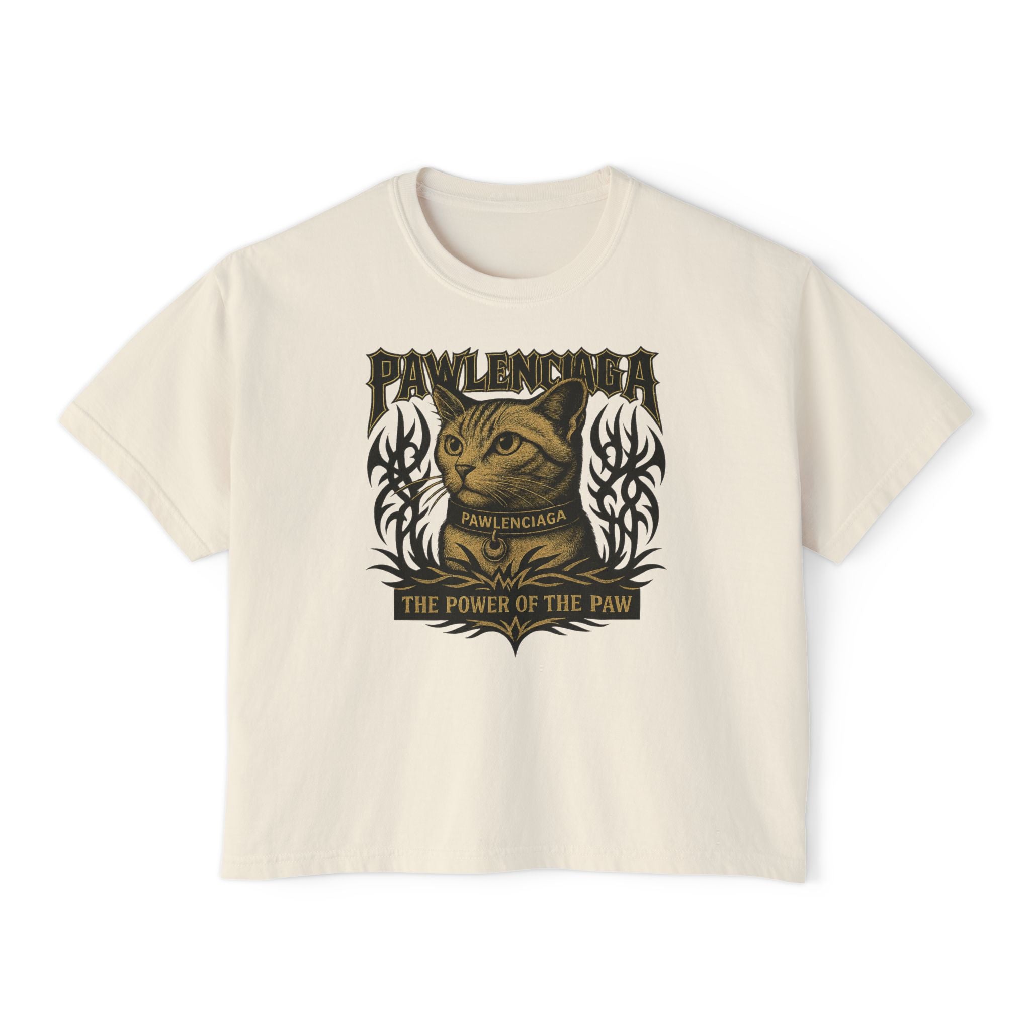 Pawlenciaga The Power of Paw Women's Boxy T-Shirt, ivory front view, boxy cat graphic t shirt