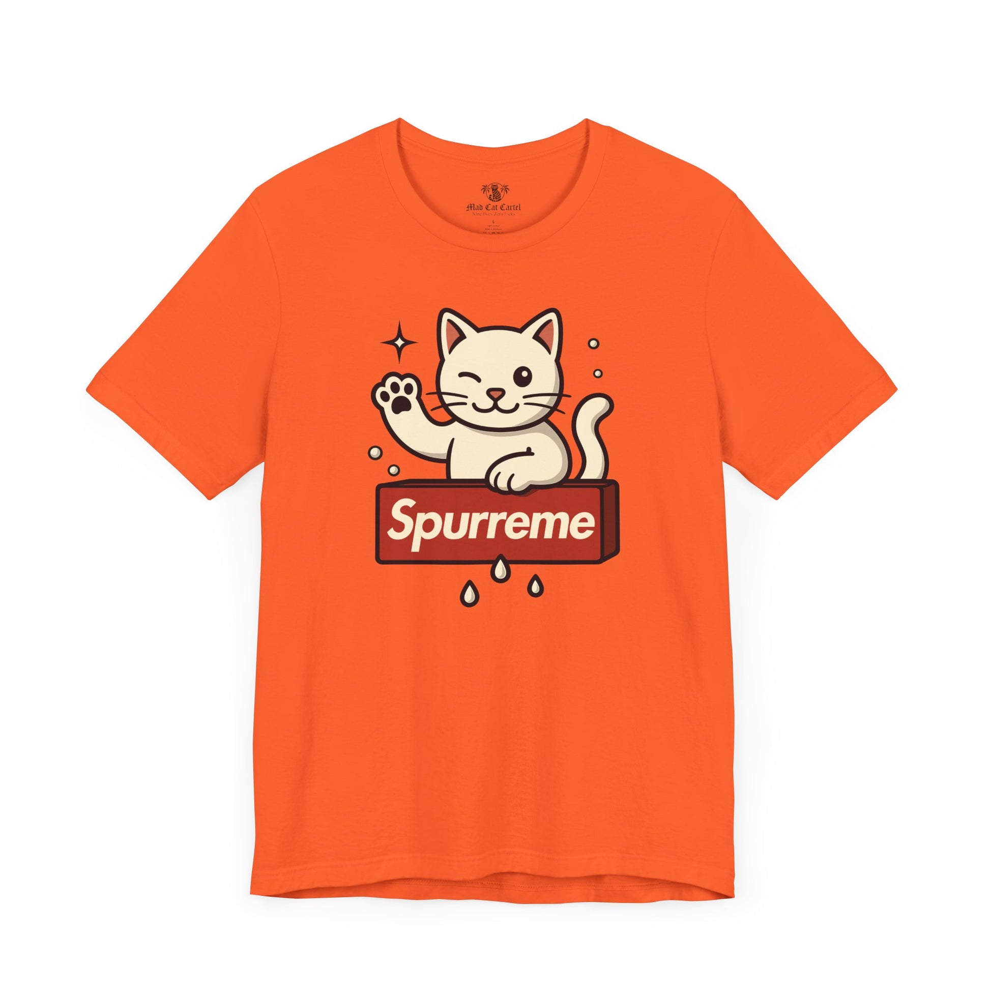 Orange t shirt front flat lay men’s cat shirt