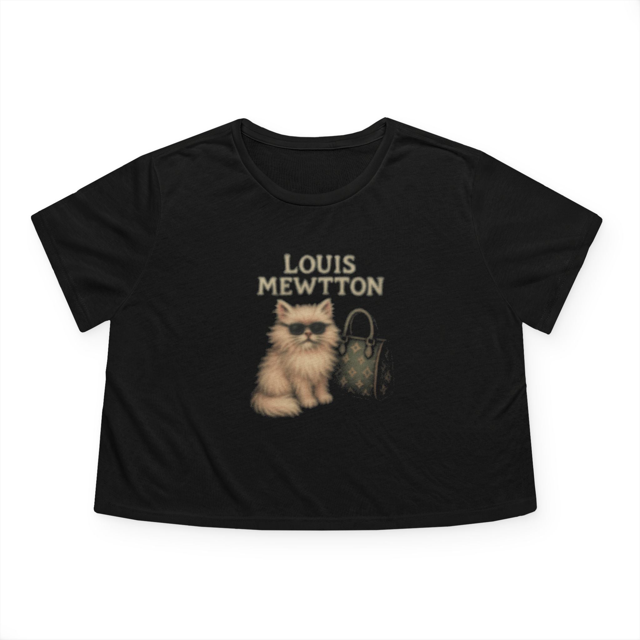 Louis Mewtton Cat Print Women’s Black Flowy Cropped T Shirt flat front view black crop top