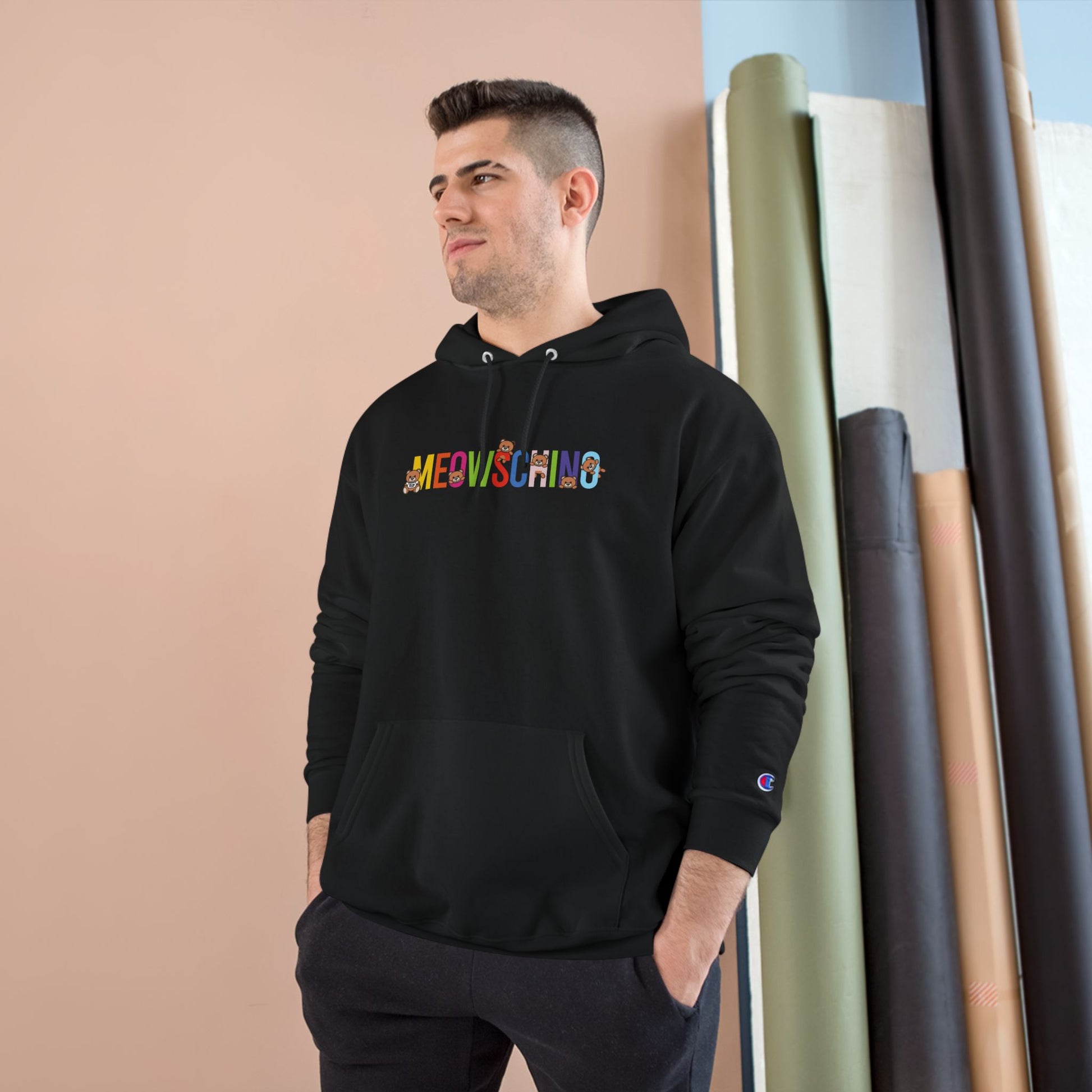 Man modeling Meowschino x Champion rainbow logo hoodie, cat hoodies for men