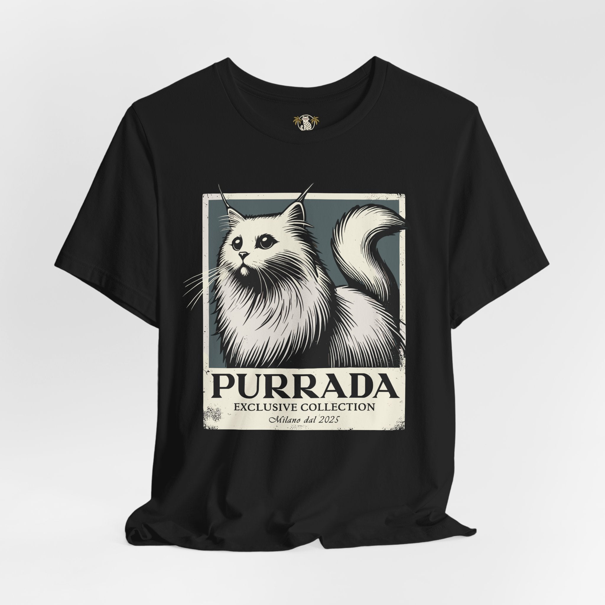 Black Purrada Exclusive Milano Cat Graphic T Shirt flat lay, cat t shirts for guys