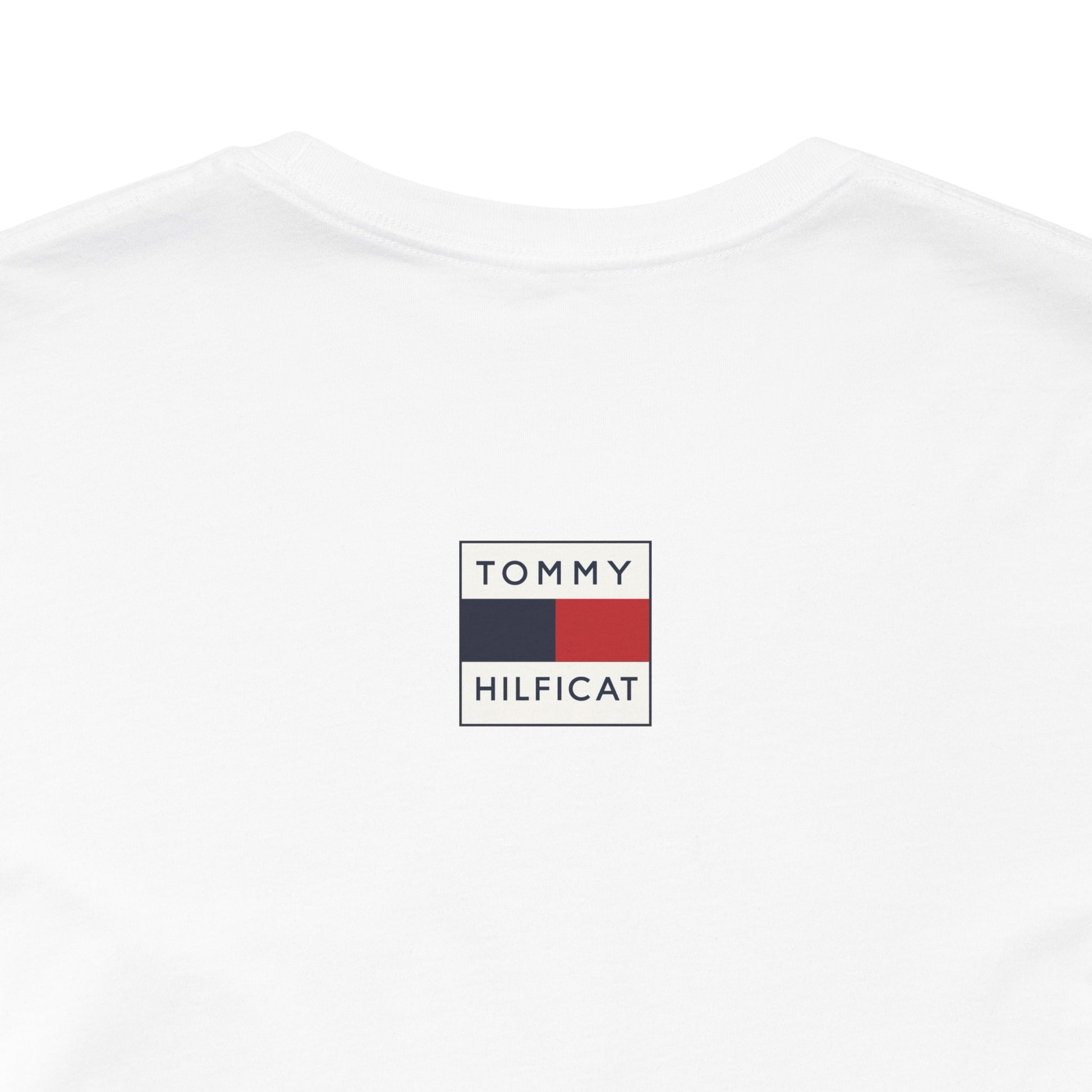 White cat on a shirt back label close up