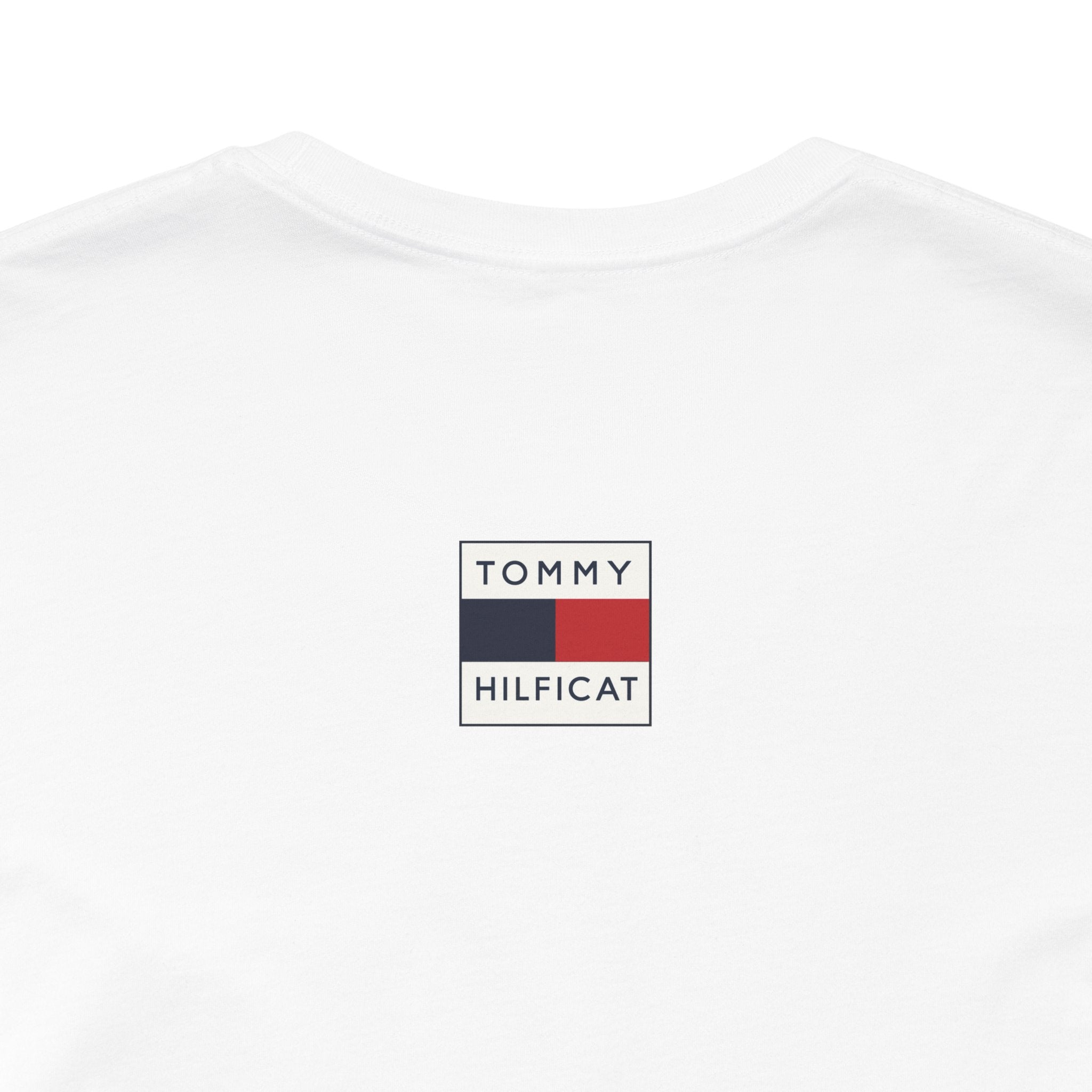 White cat on a shirt back label close up