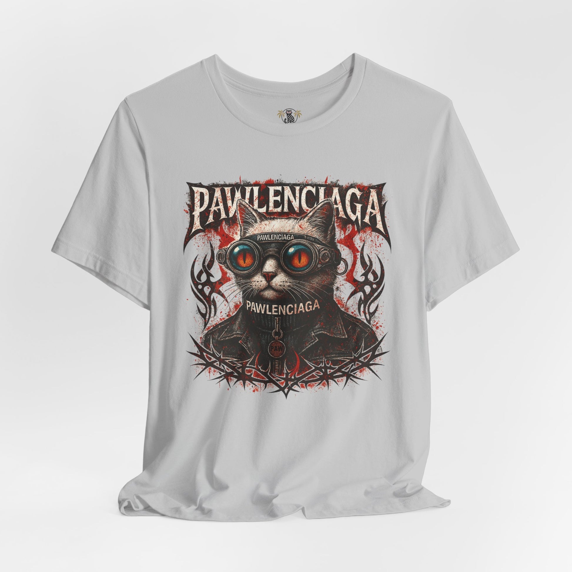 Pawlenciaga Apocalypse Cat Graphic T Shirt in Solid Athletic Grey, styled flat lay front view, cat themed shirts, cool mens t shirts, shirts for cat lovers