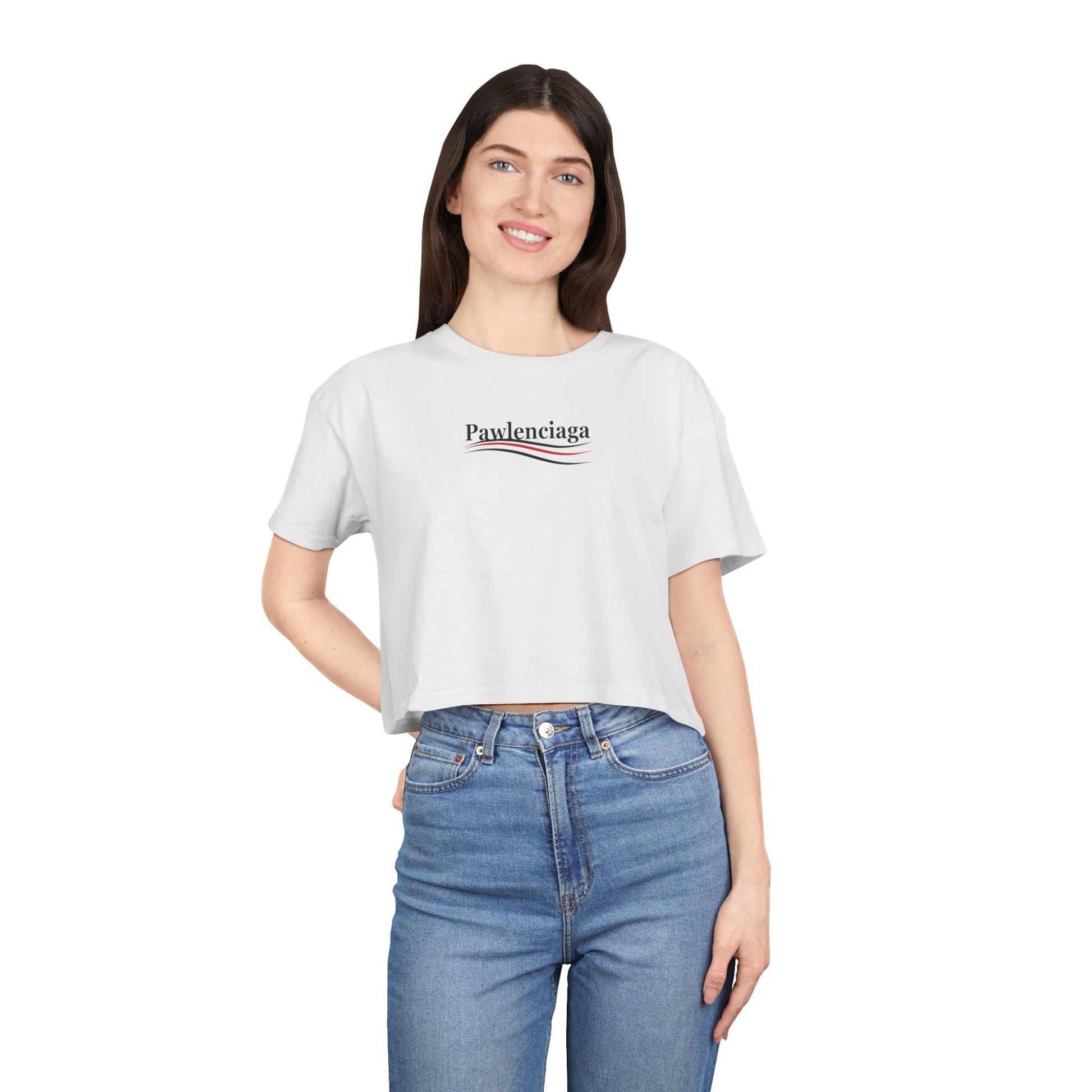 white Pawlenciaga crop top, model wearing, funny crop top