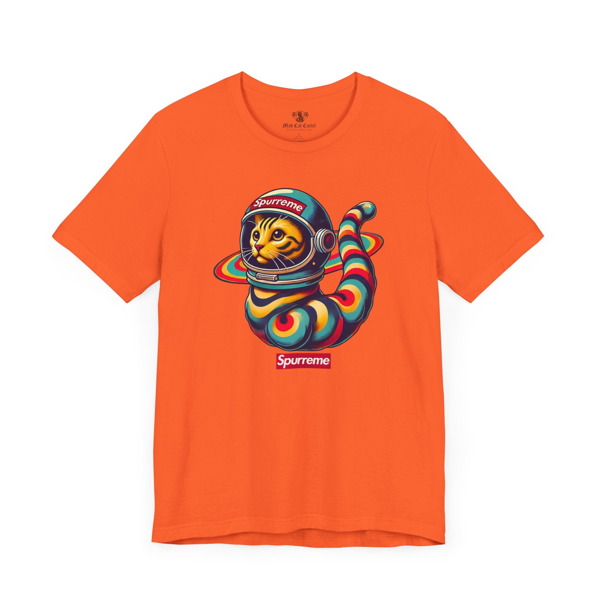 Spurreme Space Explorer Cat Graphic T-Shirt in orange flat lay, cool cat shirt