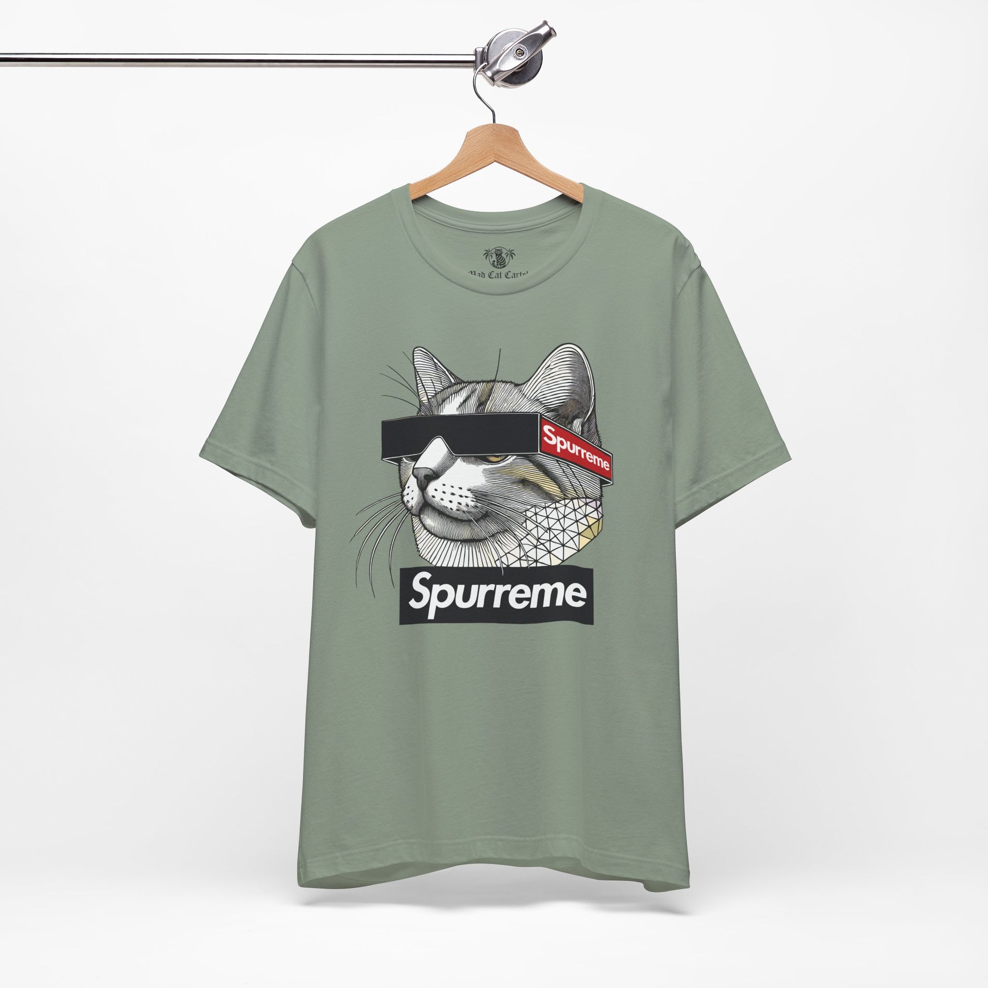 Spurreme Triangular Vision Cat Graphic T Shirt in Sage on hanger, cat mens t shirt