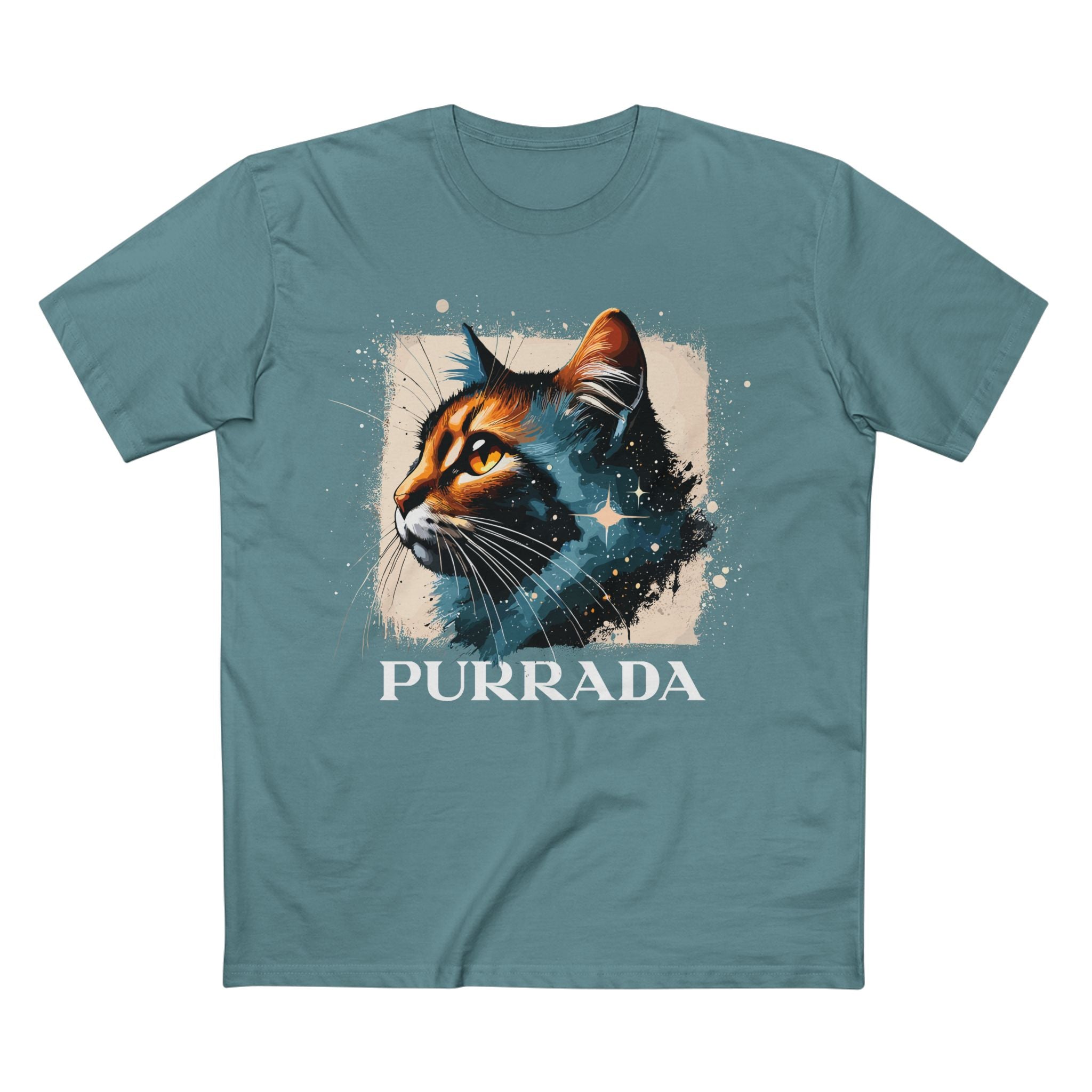 Slate blue Purrada Cosmic Gaze Cat Graphic T Shirt, galaxy cat shirt for women and men