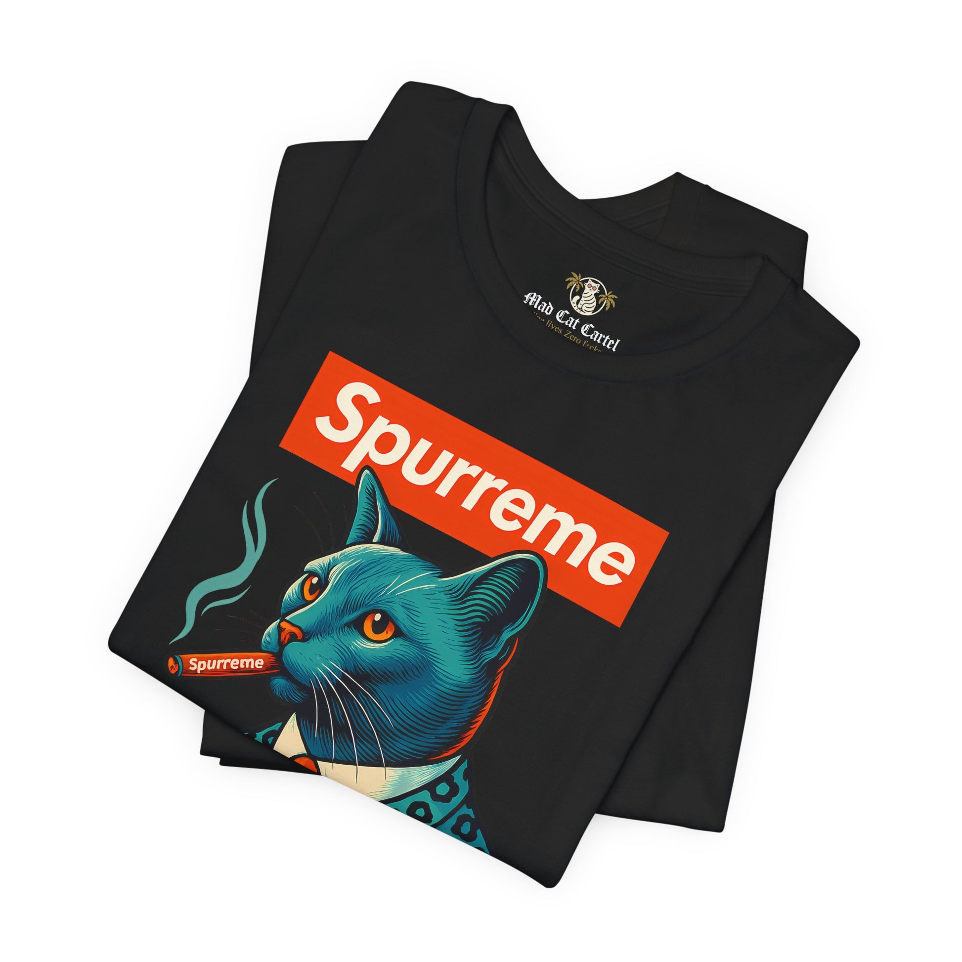 Black Spurreme Ambassador Cat Graphic t shirt folded pair