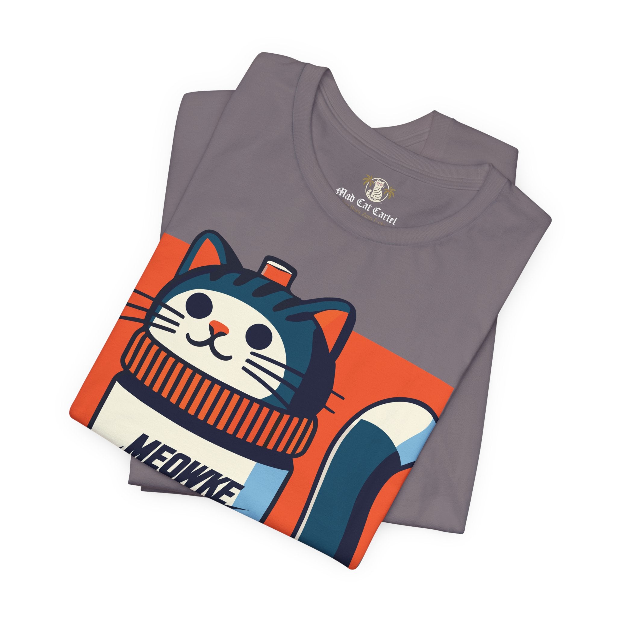 Funny cat shirt for men – storm grey unisex tee, folded front view, Meowke Swoosh bottle cat graphic
