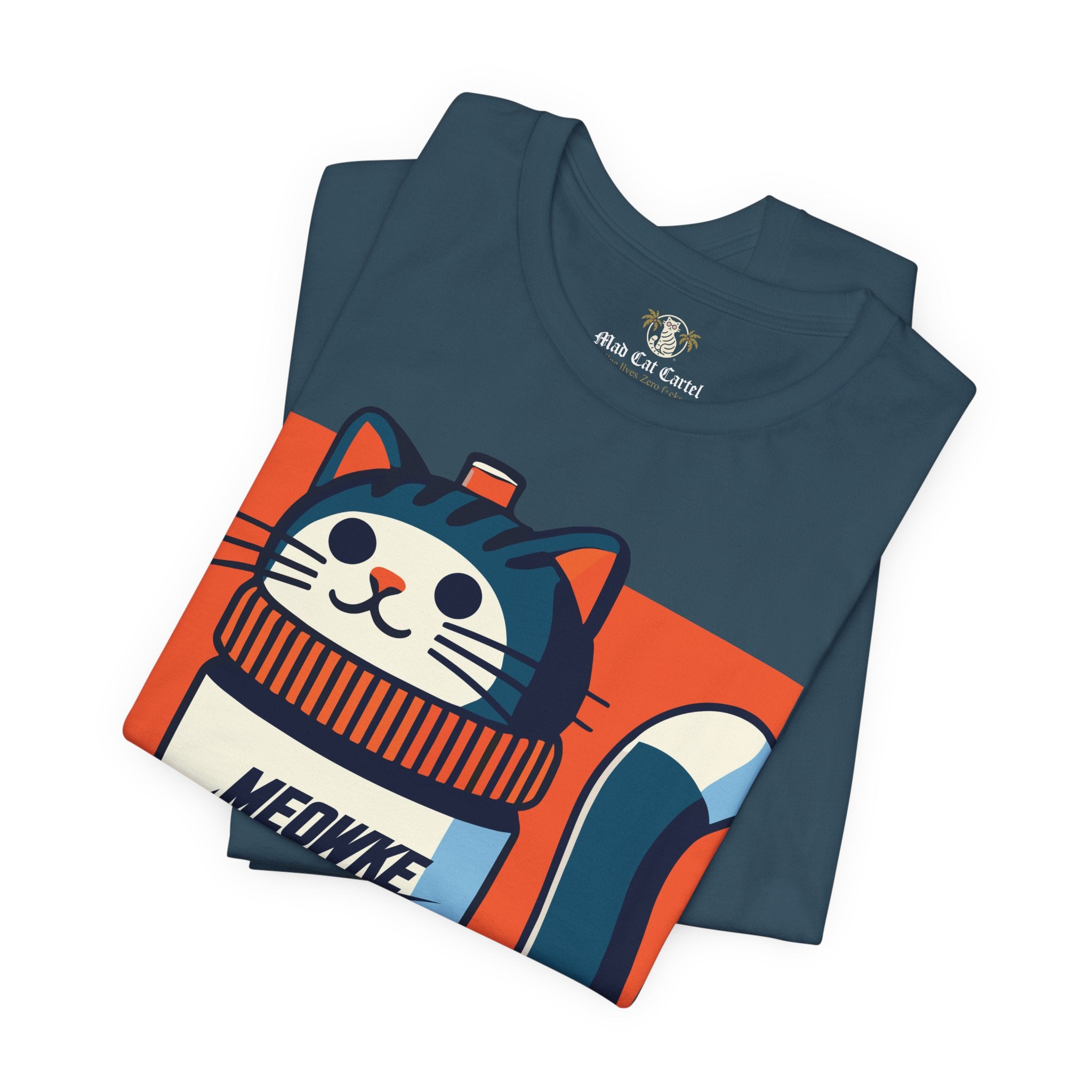 Funny cat shirt for men, white unisex tee, front view, Meowke Swoosh cartoon cat holding bottle