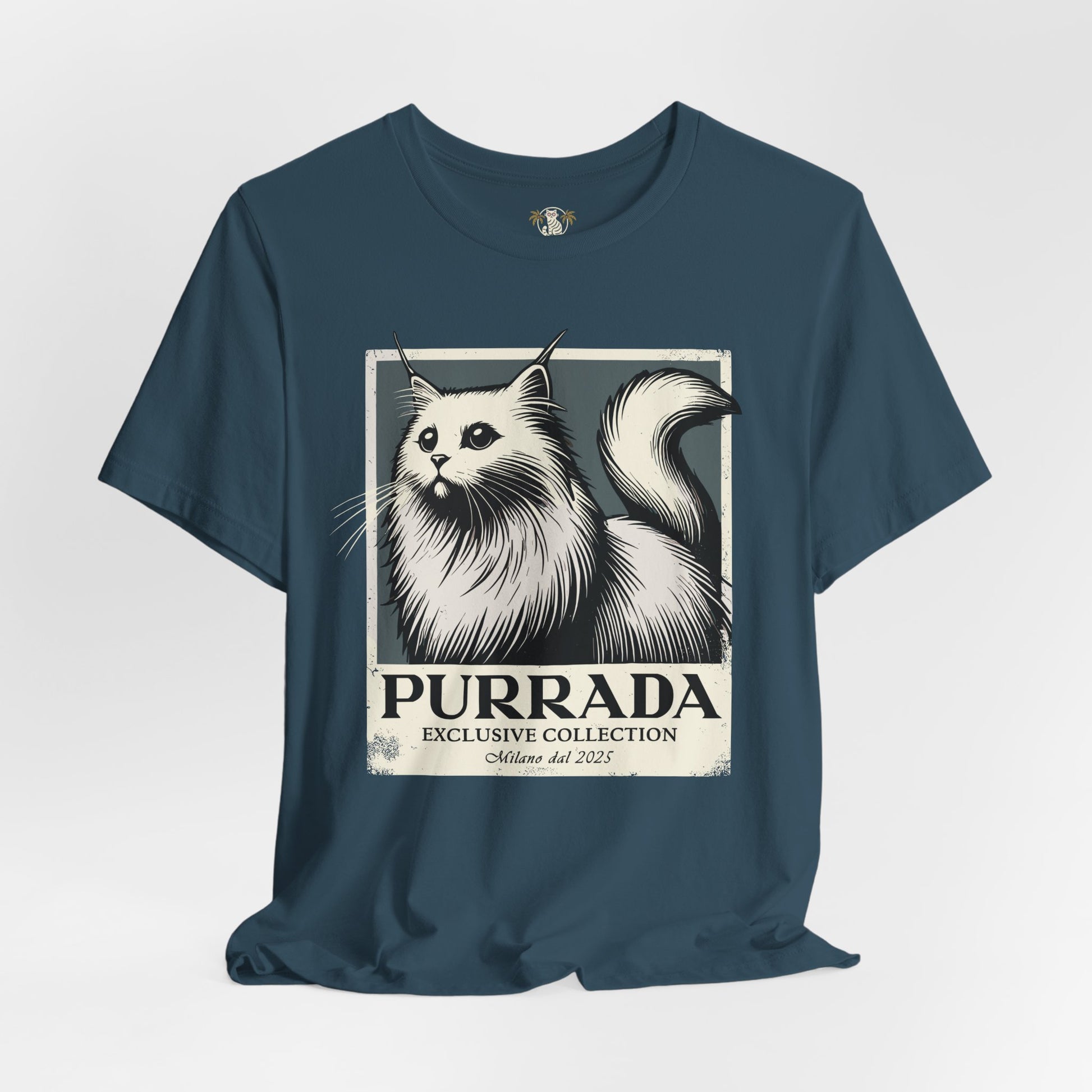 Deep teal Purrada Exclusive Milano Cat Graphic T Shirt on hanger, womens cat tee shirts