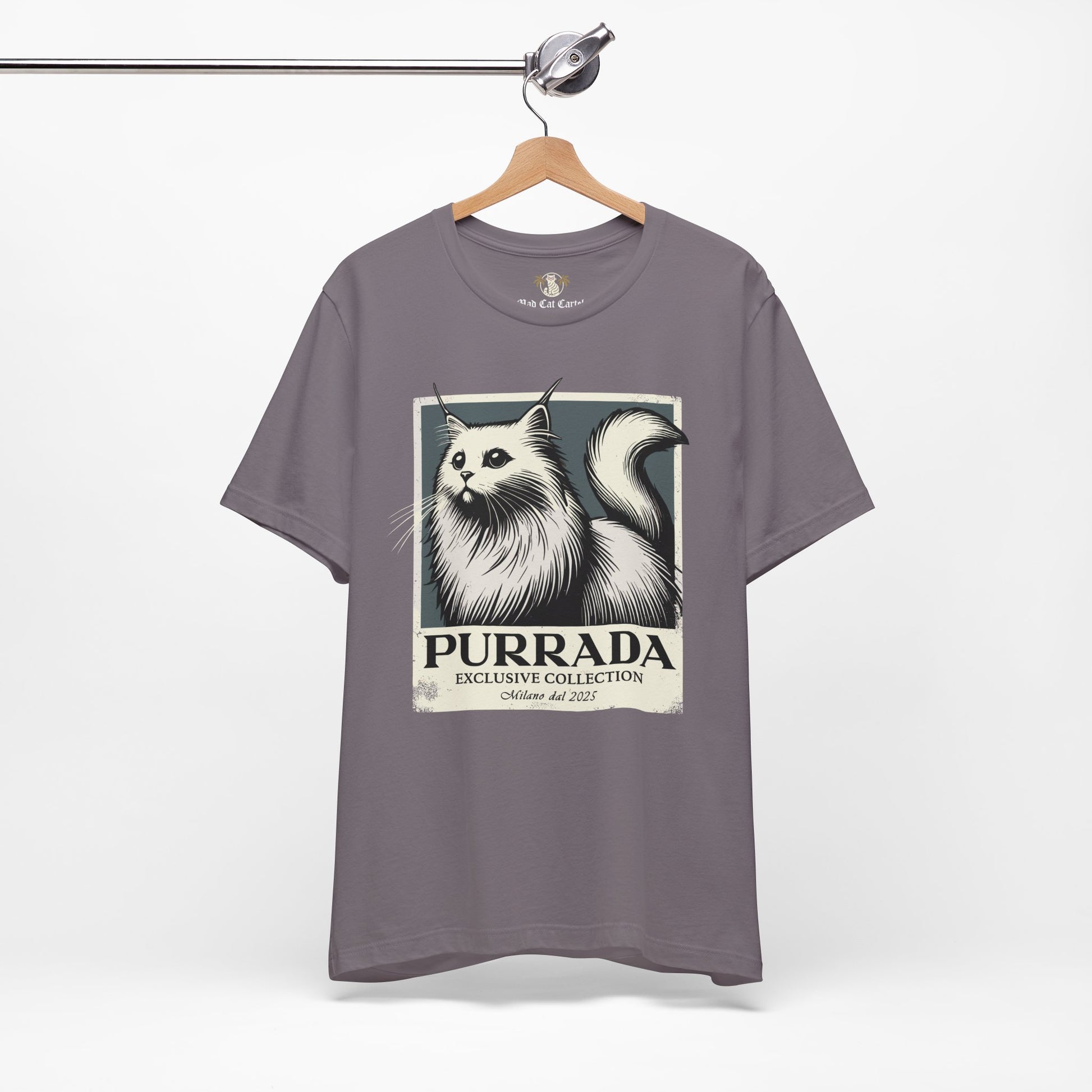 Storm Purrada Exclusive Milano Cat Graphic T Shirt on hanger, cat lover shirt unisex