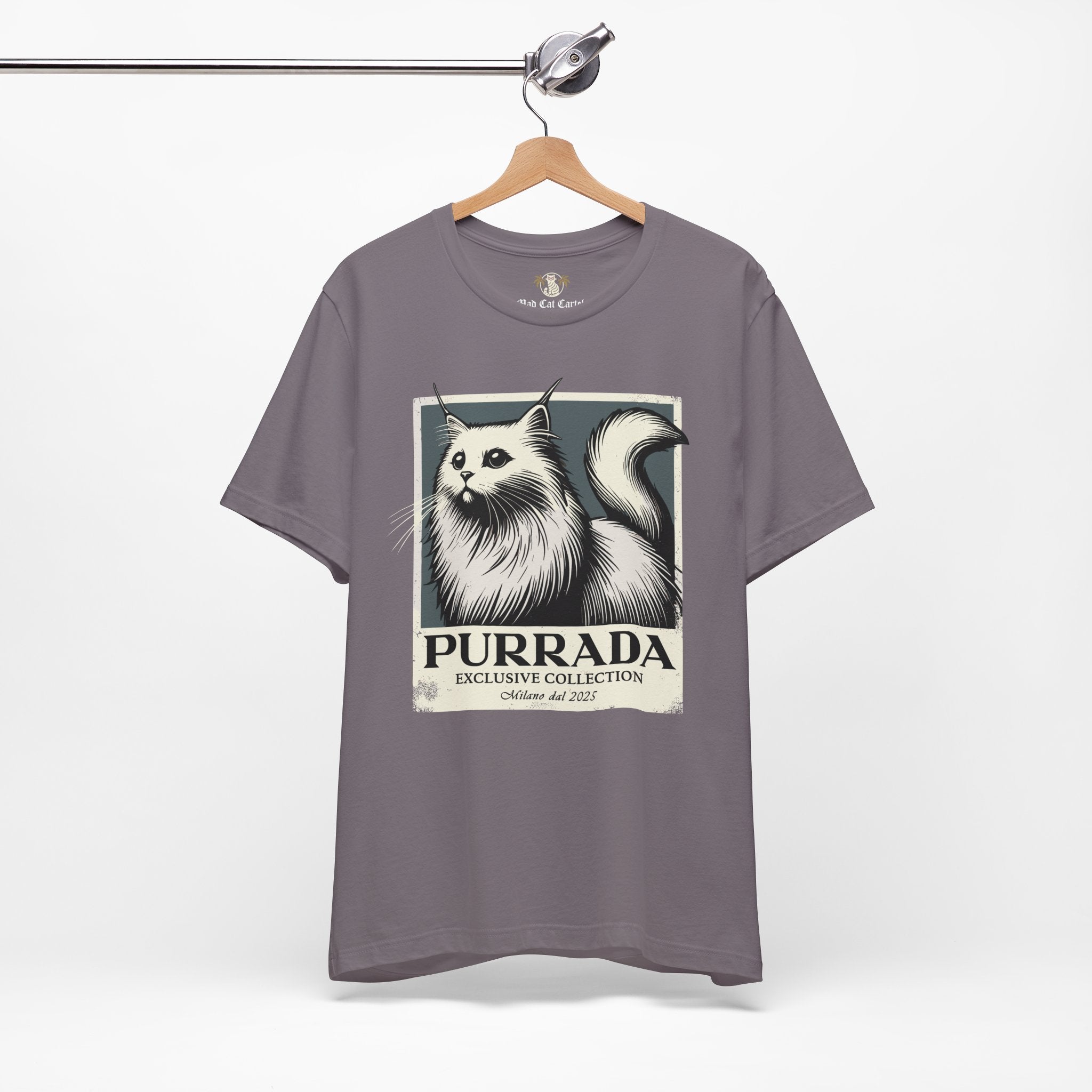 Storm Purrada Exclusive Milano Cat Graphic T Shirt on hanger, cat lover shirt unisex