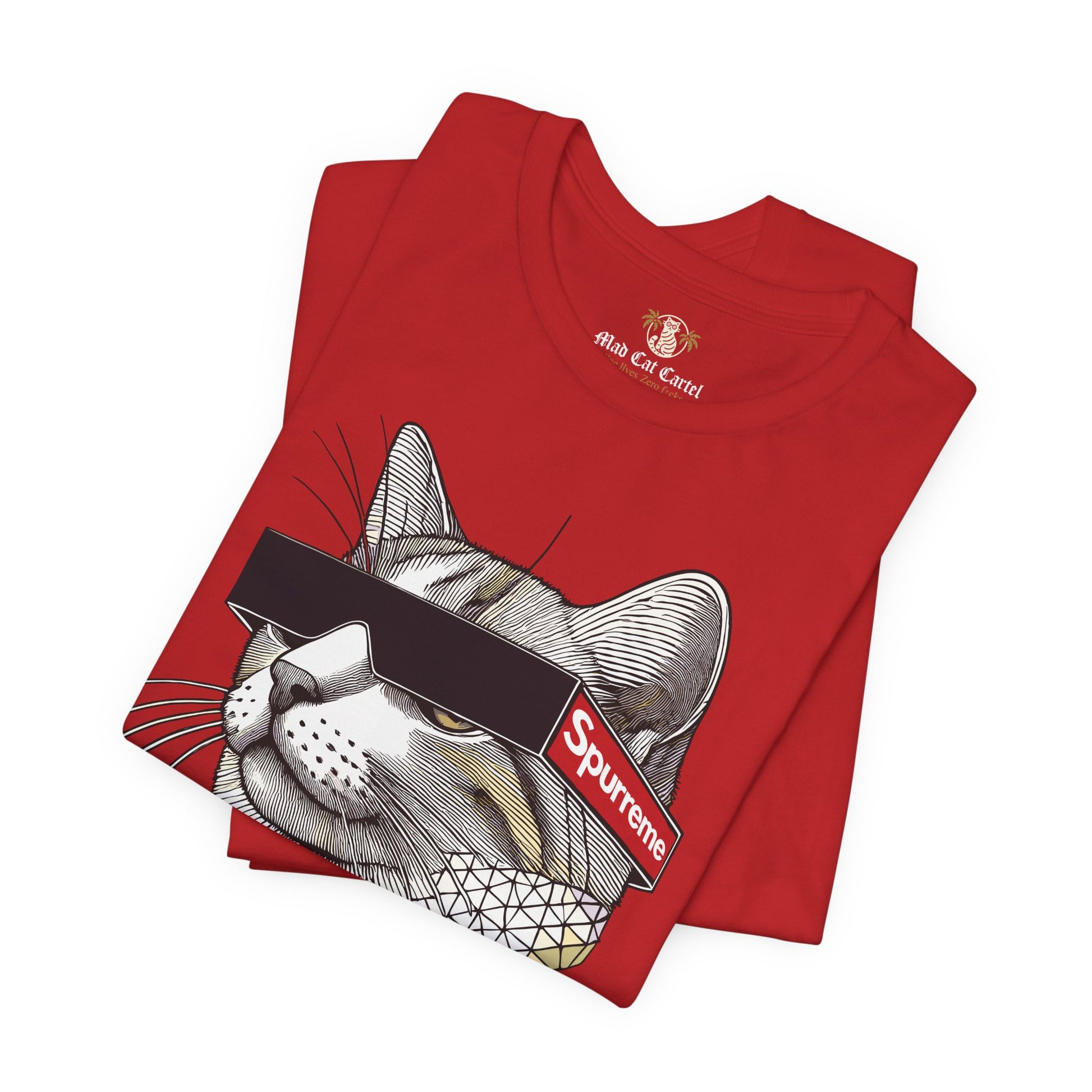 Spurreme Triangular Vision Cat Graphic T Shirt in Red folded pair, cat graphic tee