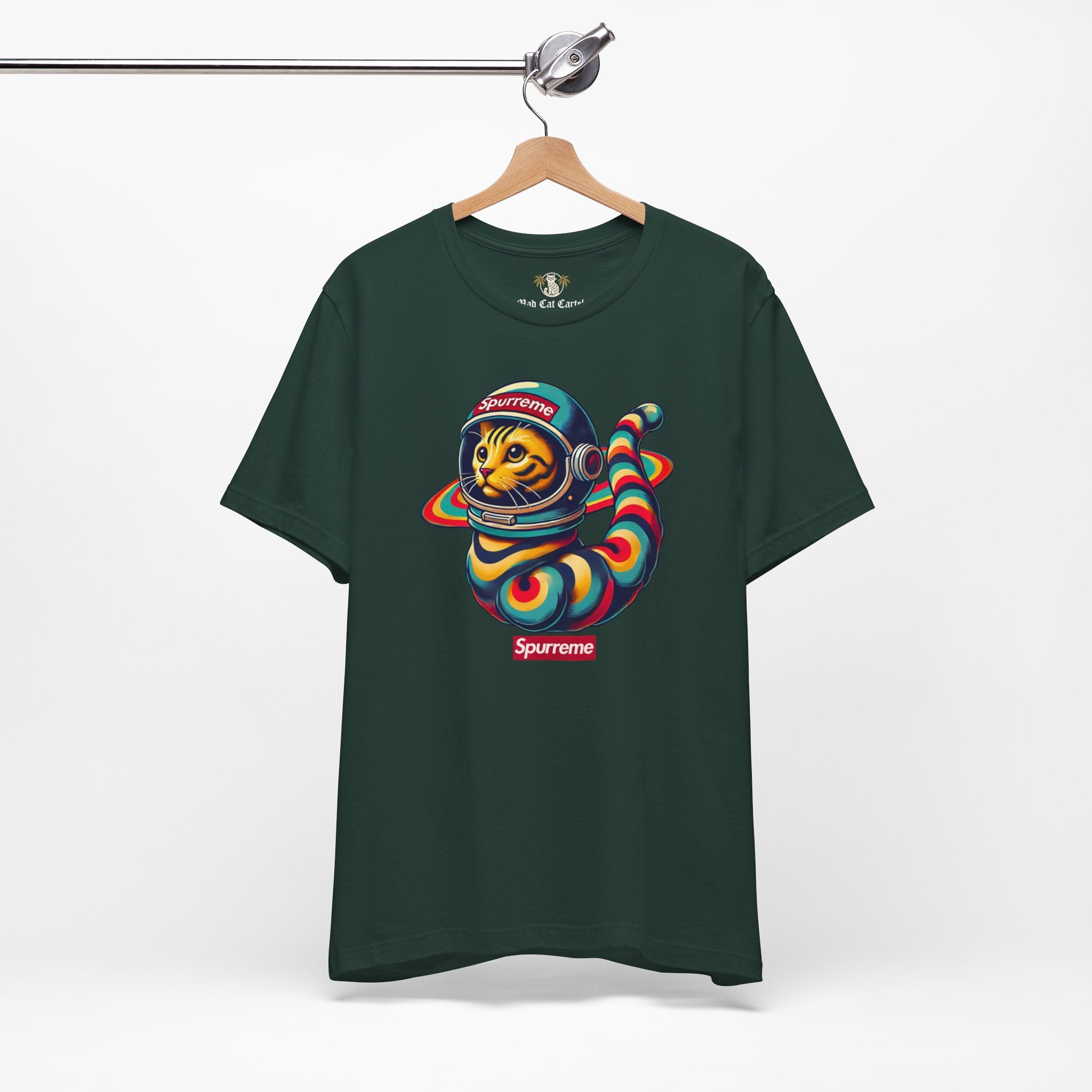 Forest green t shirt hanging display, tee shirts with cats