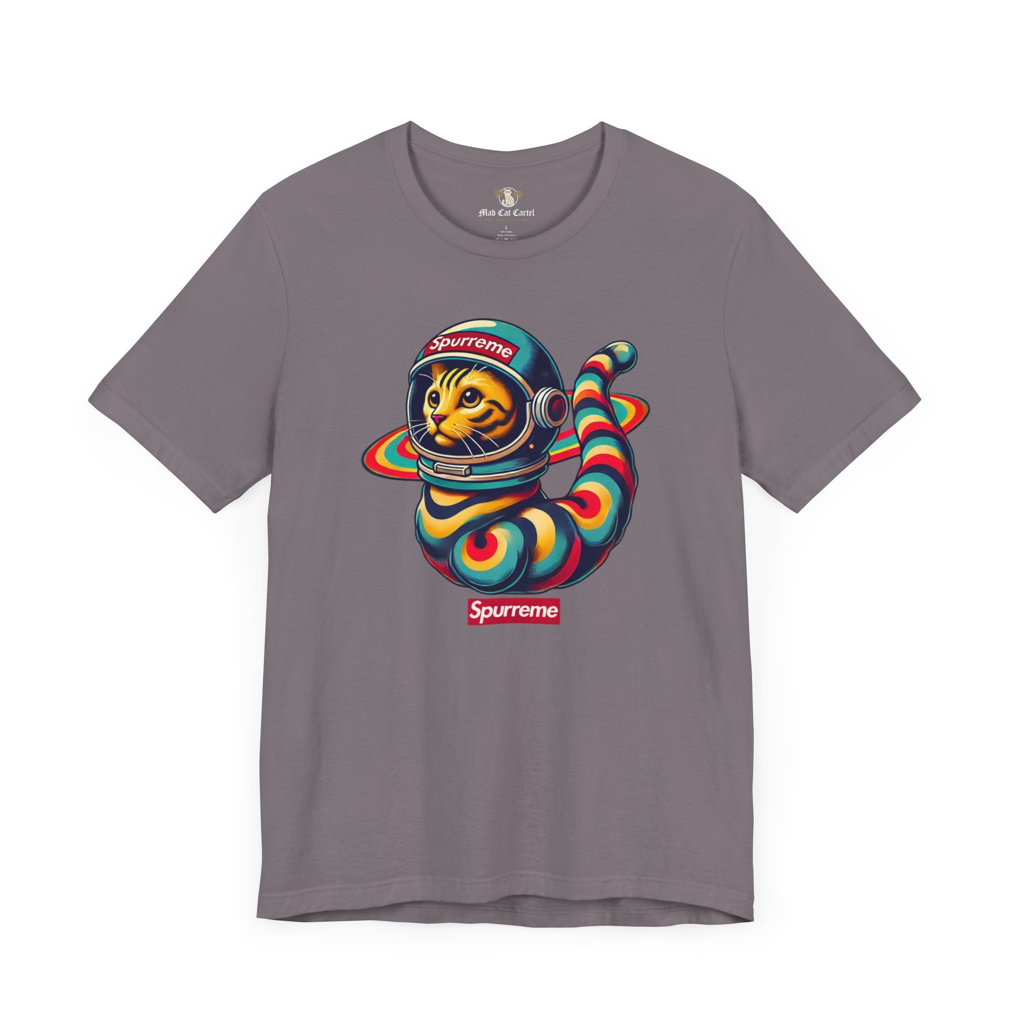 Spurreme Space Explorer Cat Graphic T-Shirt in storm gray flat lay, cat shirts for men