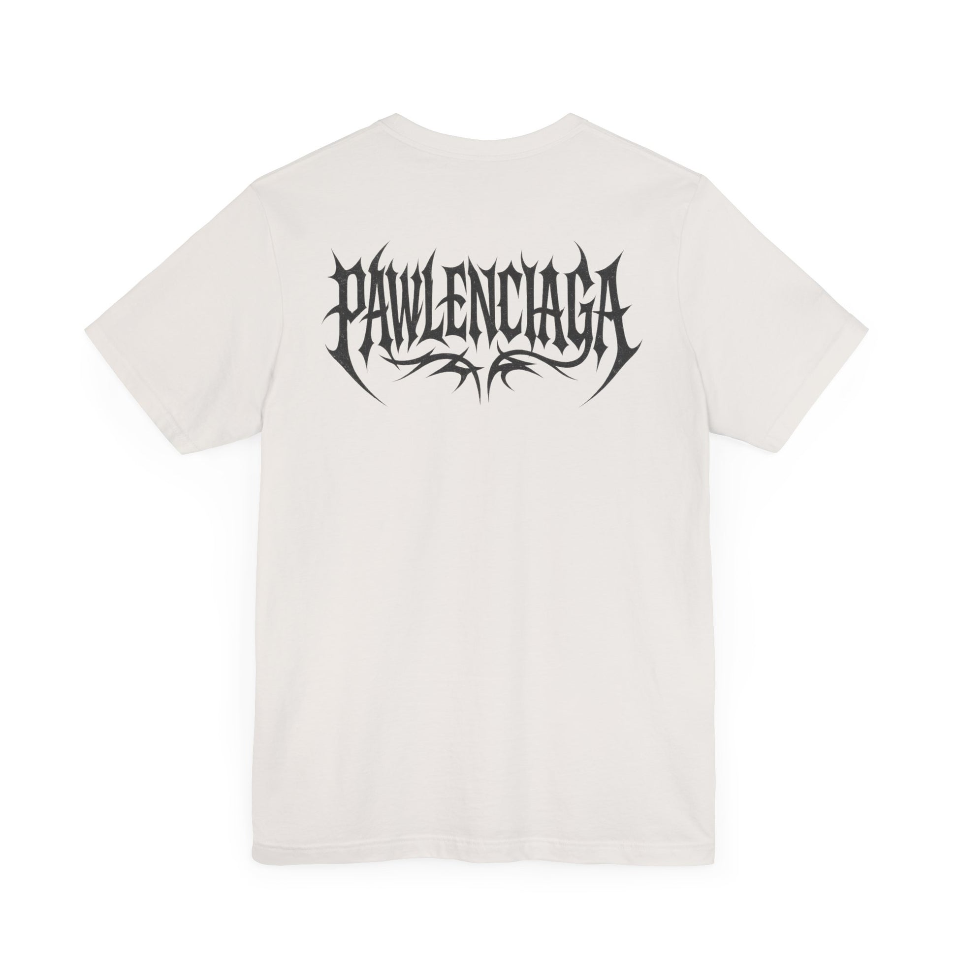 Pawlenciaga Apocalypse Cat Graphic T Shirt in Vintage White, flat lay back view, cat themed shirts, cool mens t shirts, shirts for cat lovers