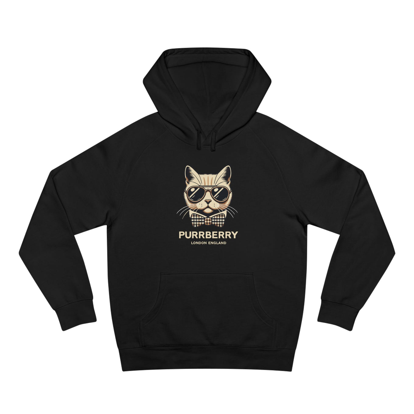 Purrberry Bowtie Icon Graphic Hoodie in Black color stylish cat themed clothes for humans and cat lovers