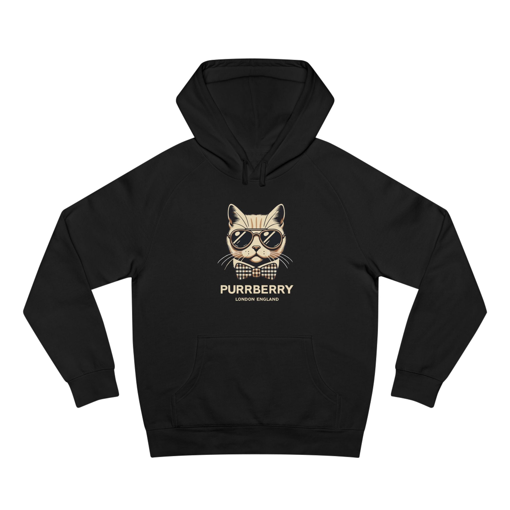 Purrberry Bowtie Icon Graphic Hoodie in Black color stylish cat themed clothes for humans and cat lovers