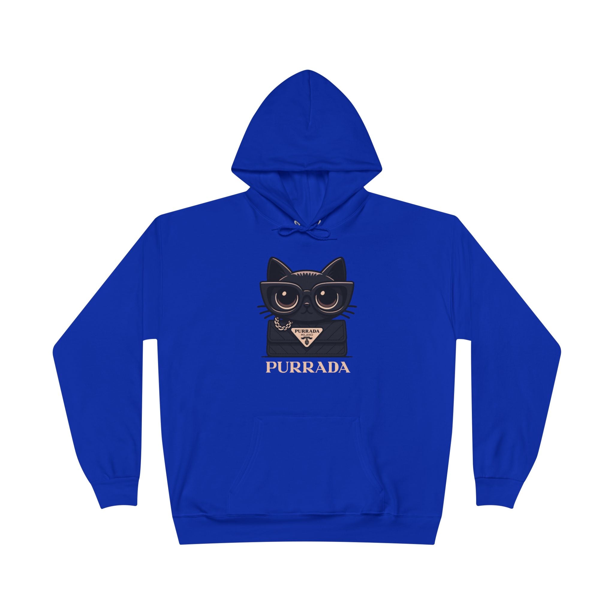 Purrada Noir Bag Cat Graphic Blue Hoodie flat lay, cool gifts cat lovers