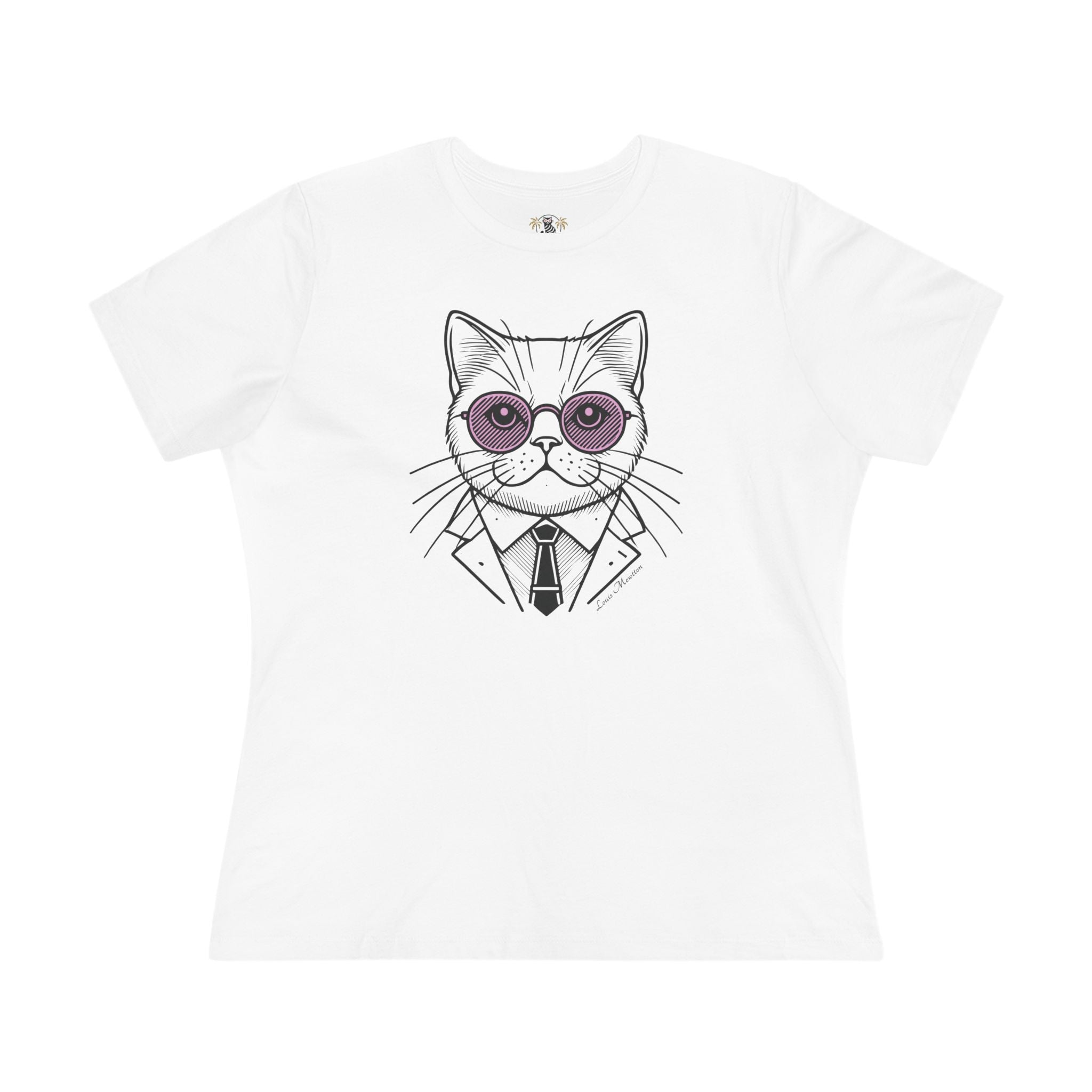 Front view Louis Mewtton Purple Shades Cat Women's White Graphic T Shirt, tee shirts with cats