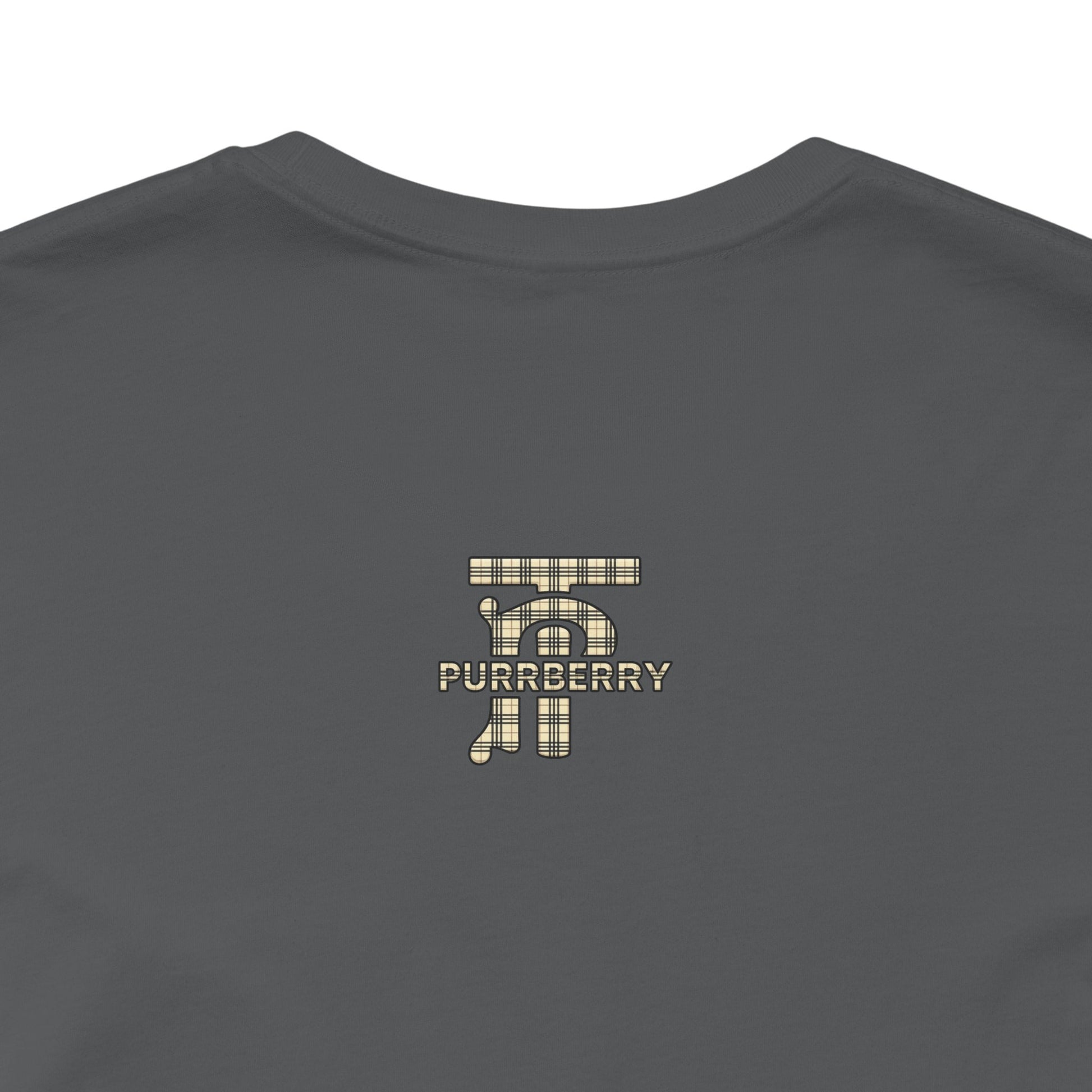 back logo close up purrberry london mini crest cat graphic t shirt asphalt cat lover shirts