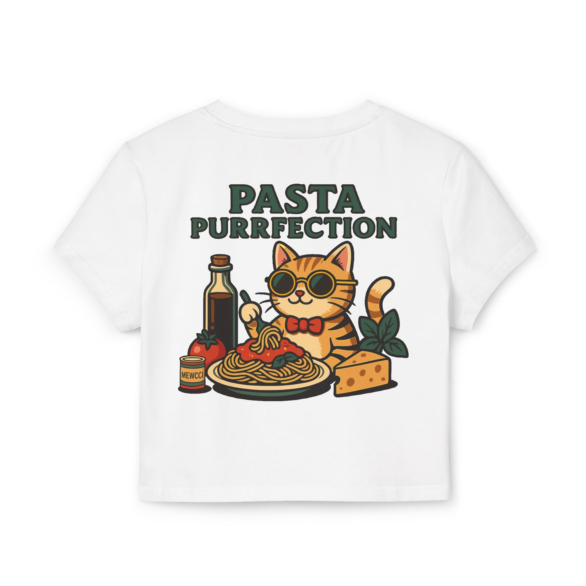 White baby tee back view pasta purrfection print
