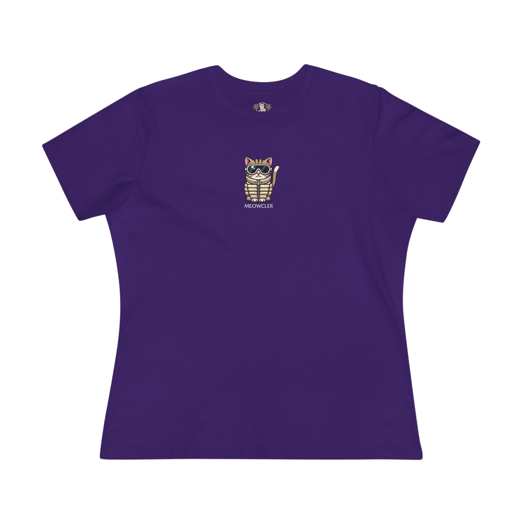 Front view Meowcler Mini Chest Puffer Cat Icon Women's T Shirt in team purple, cat tee shirts womens