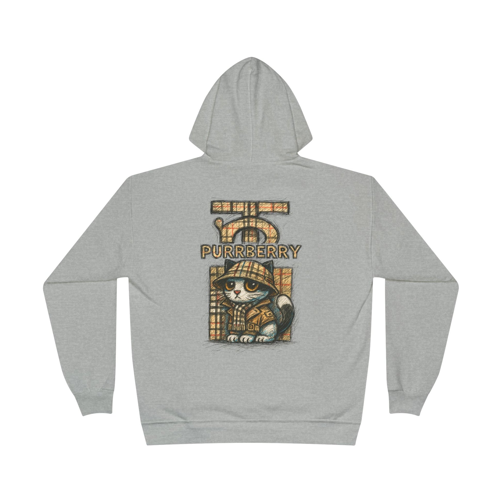 Back view of Purrberry light steel hoodie with sketch logo and cat artwork, cat themed clothes
