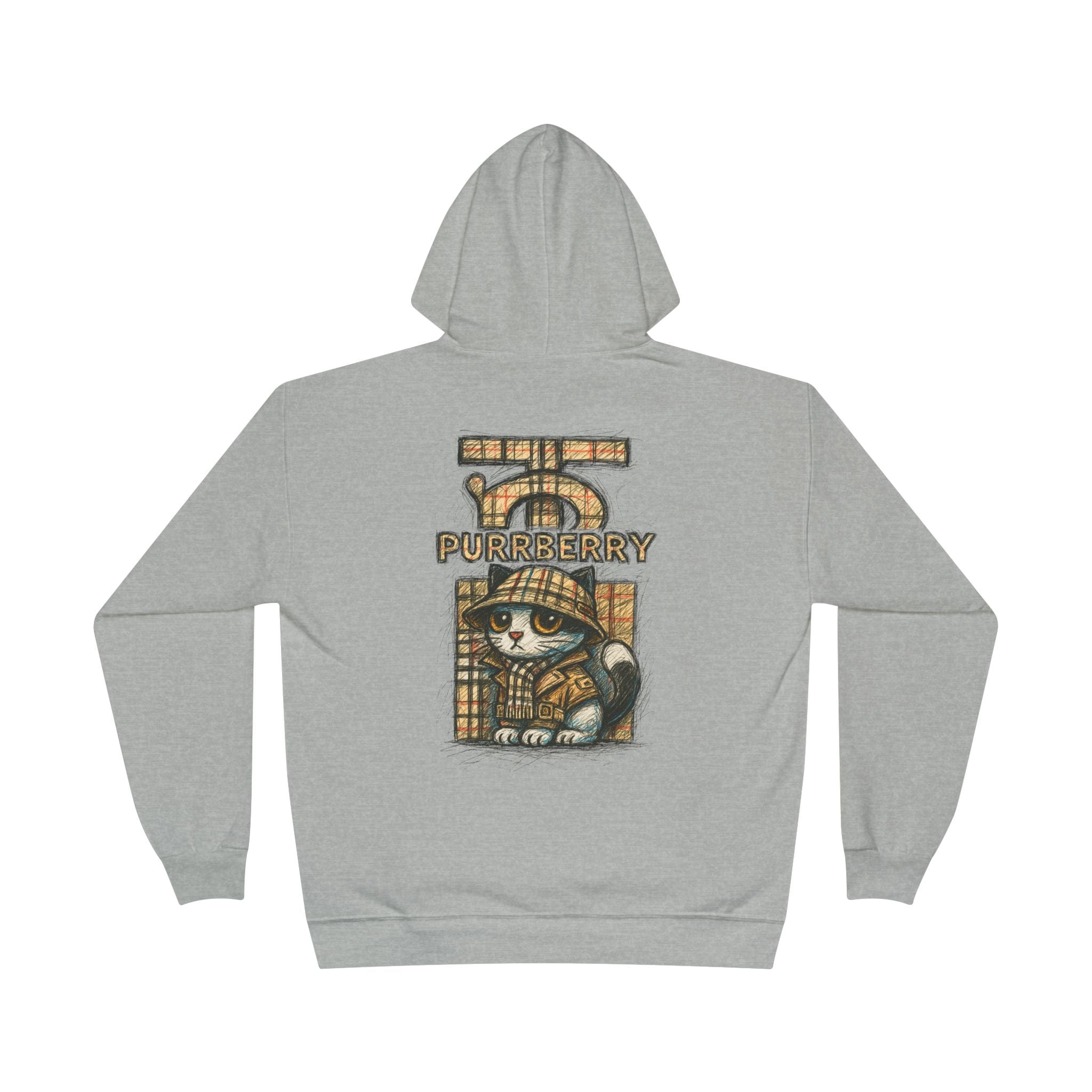 Back view of Purrberry light steel hoodie with sketch logo and cat artwork, cat themed clothes