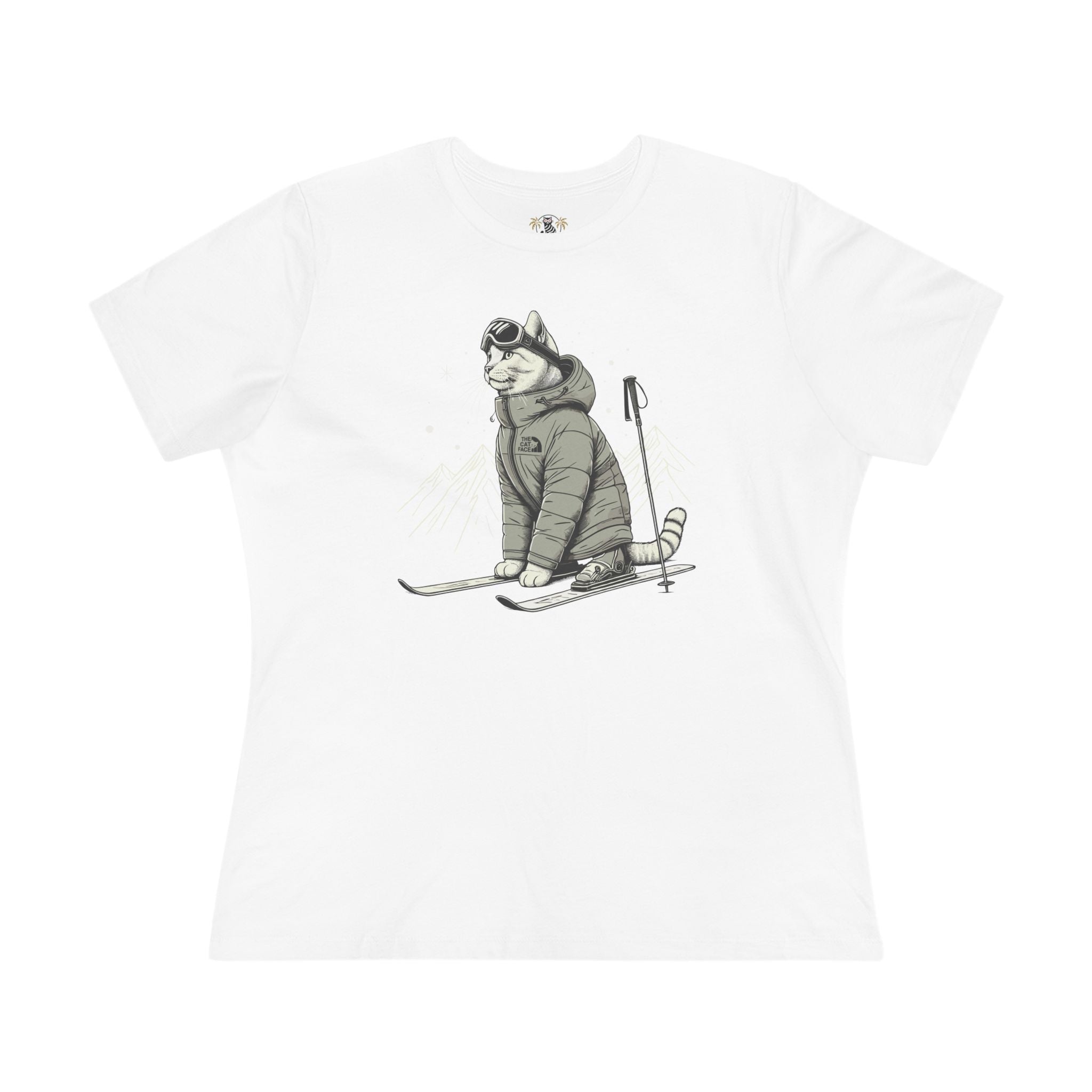 The Cat Face Alpine Explorer Graphic Women's T Shirt, white cat tee shirts womens, front view