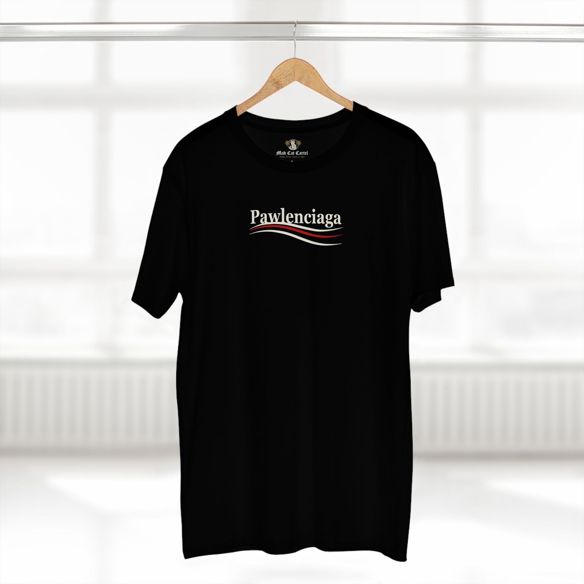 Pawlenciaga Designer Carry-On Cat Graphic Black T Shirt, hanging front view, cat themed shirts, shirts for cat lovers