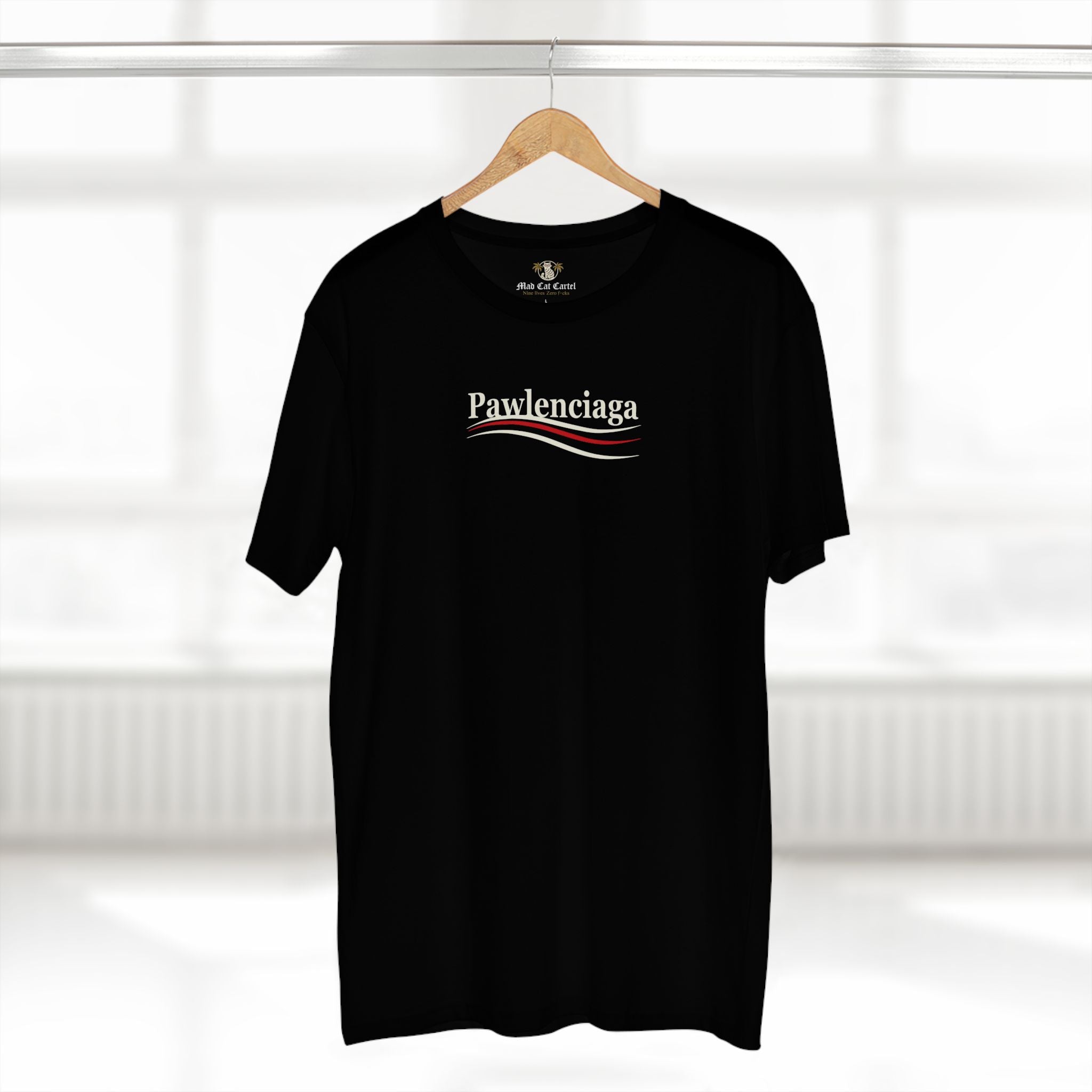 Pawlenciaga Designer Carry-On Cat Graphic Black T Shirt, hanging front view, cat themed shirts, shirts for cat lovers