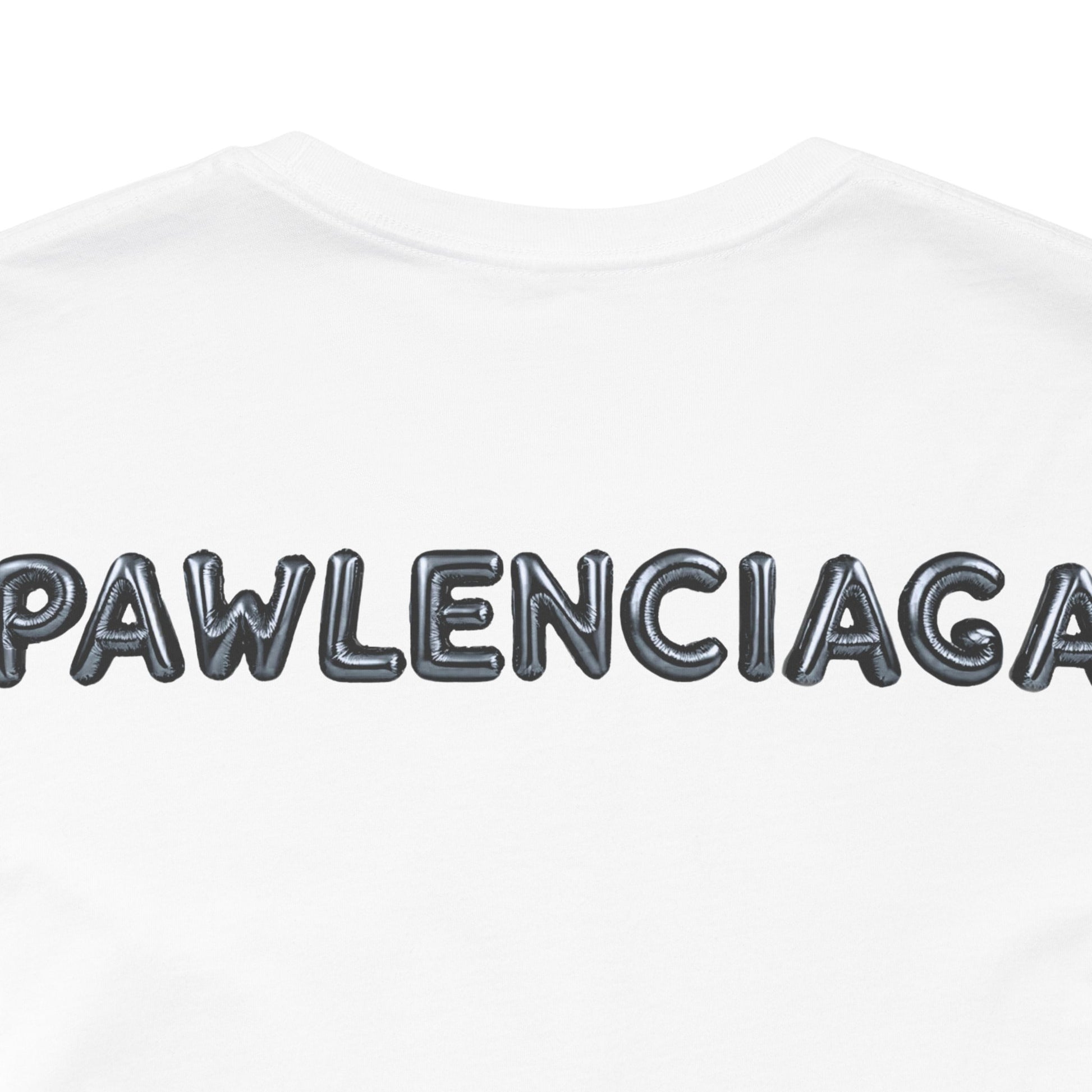 Pawlenciaga text close up on White Cat Balloon Graphic T Shirt back things to get cat lovers