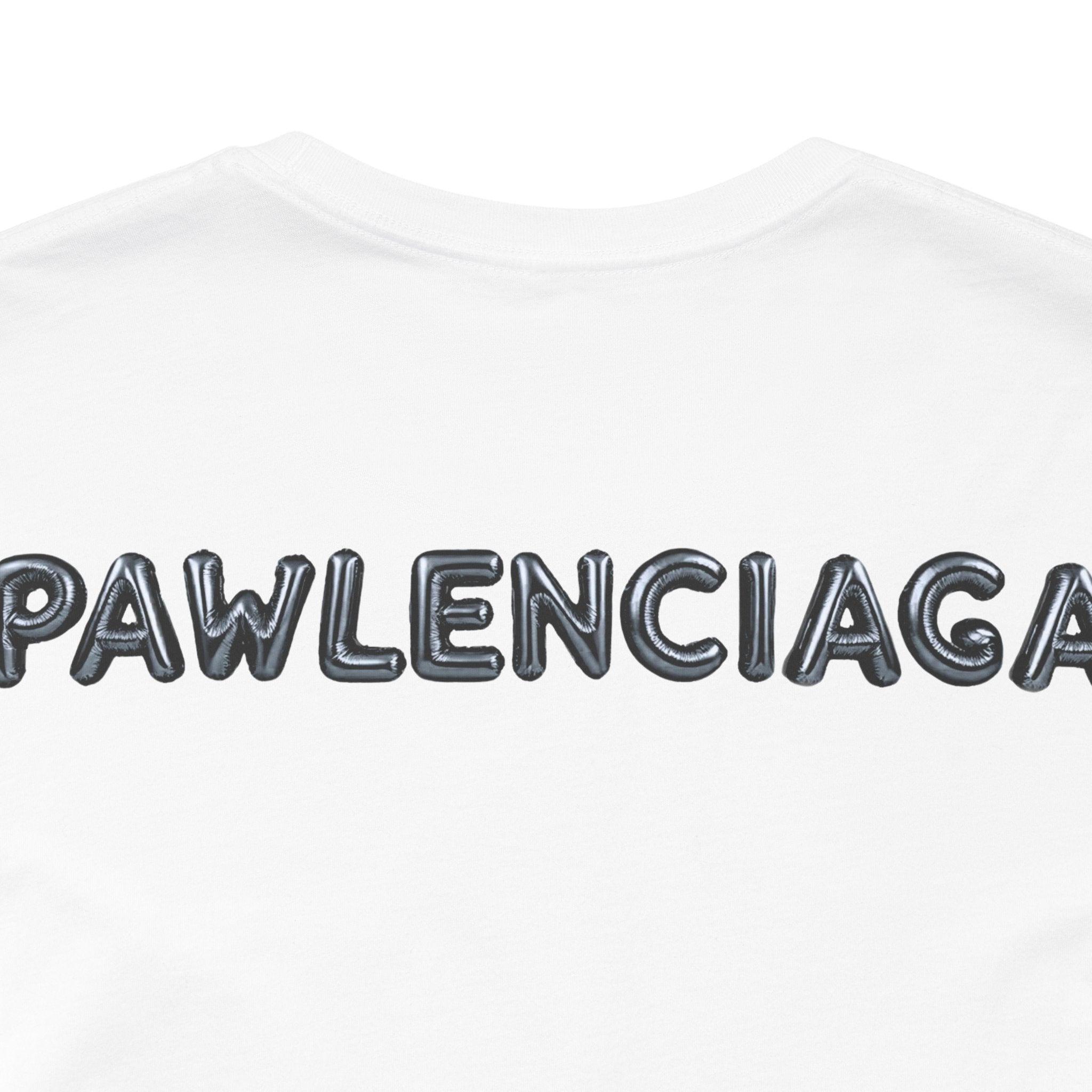 Pawlenciaga text close up on White Cat Balloon Graphic T Shirt back things to get cat lovers
