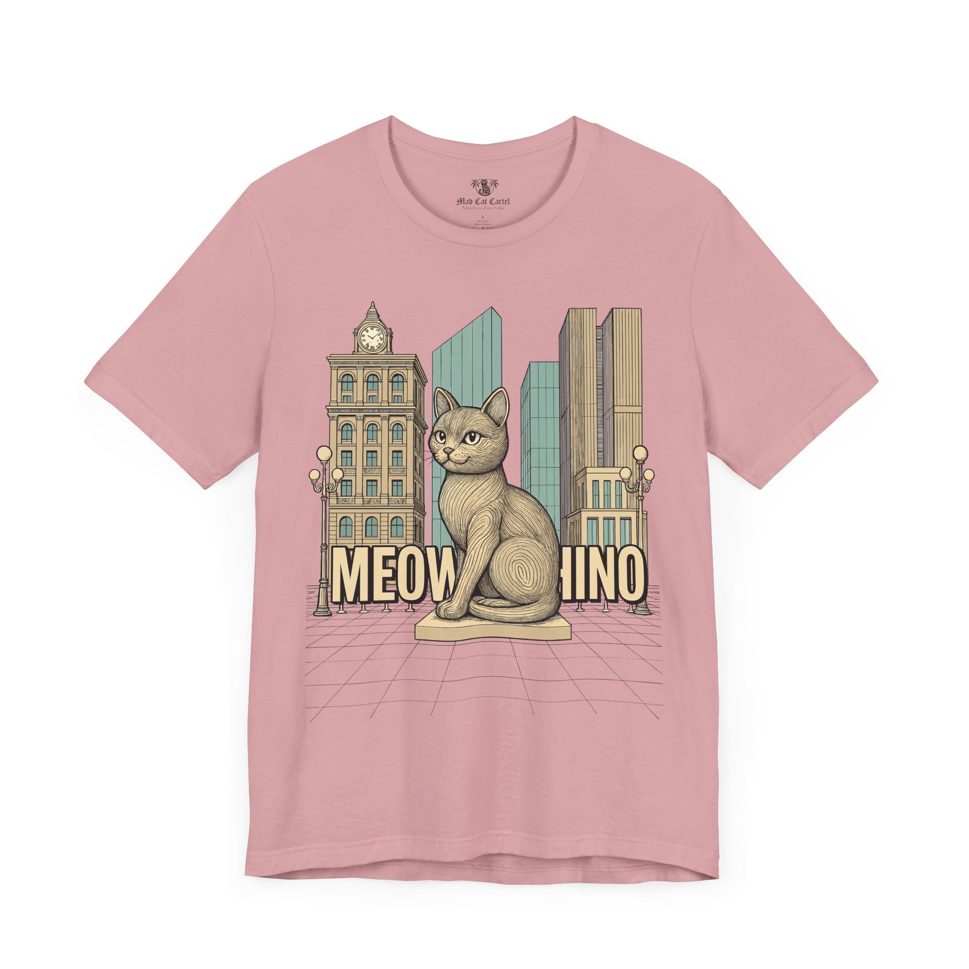 Cat t shirts for guys – orchid unisex tee folded, Meowschino city cat statue print
