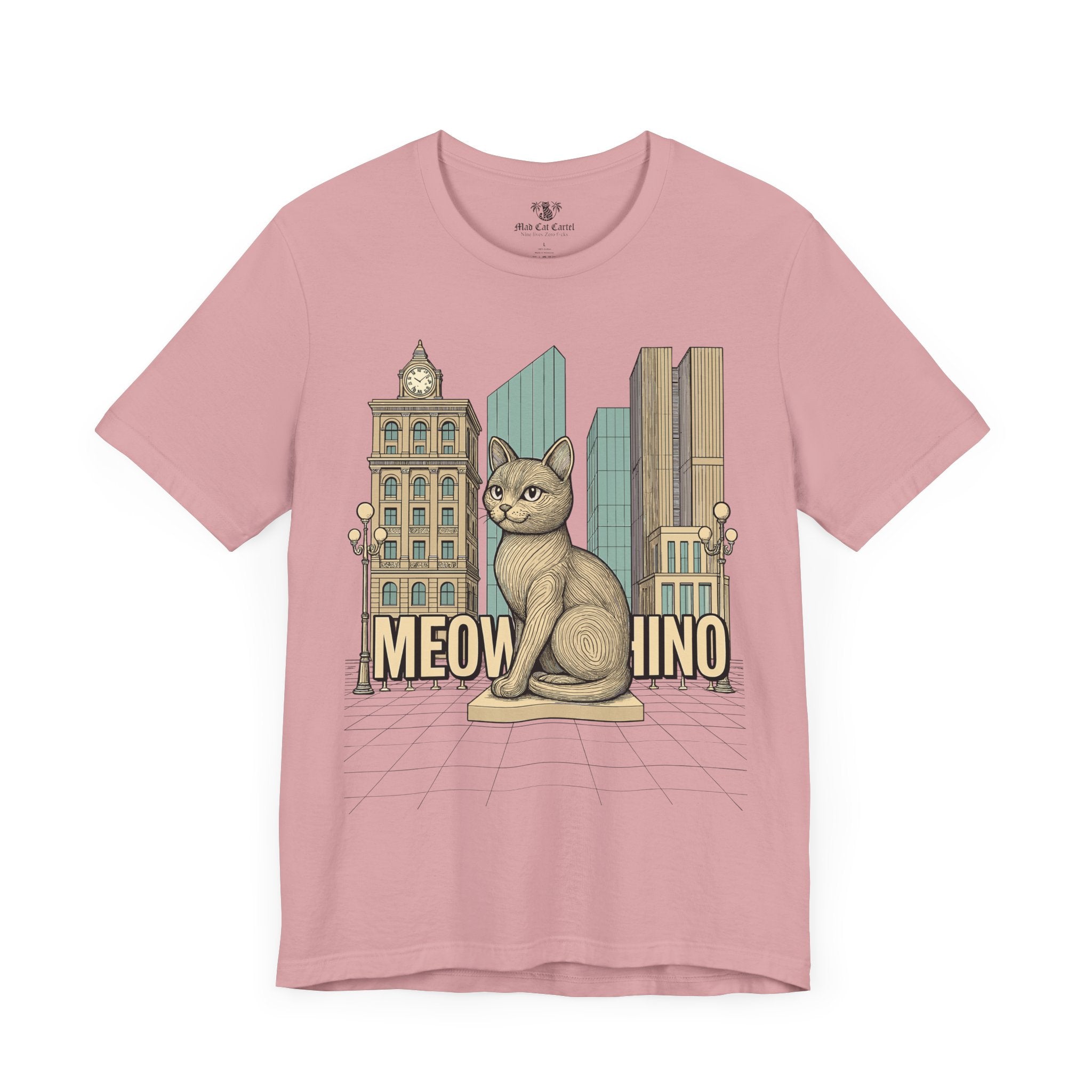 Cat t shirts for guys – orchid unisex tee folded, Meowschino city cat statue print