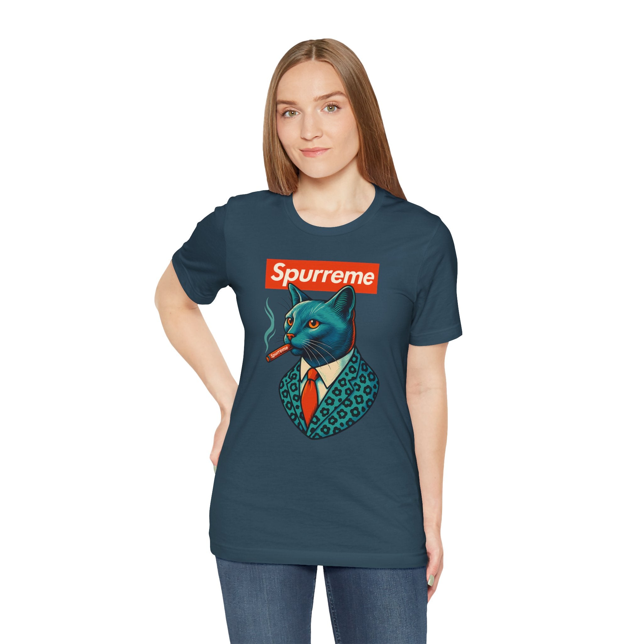 Woman wearing Deep Teal Spurreme Ambassador Cat Graphic t shirt